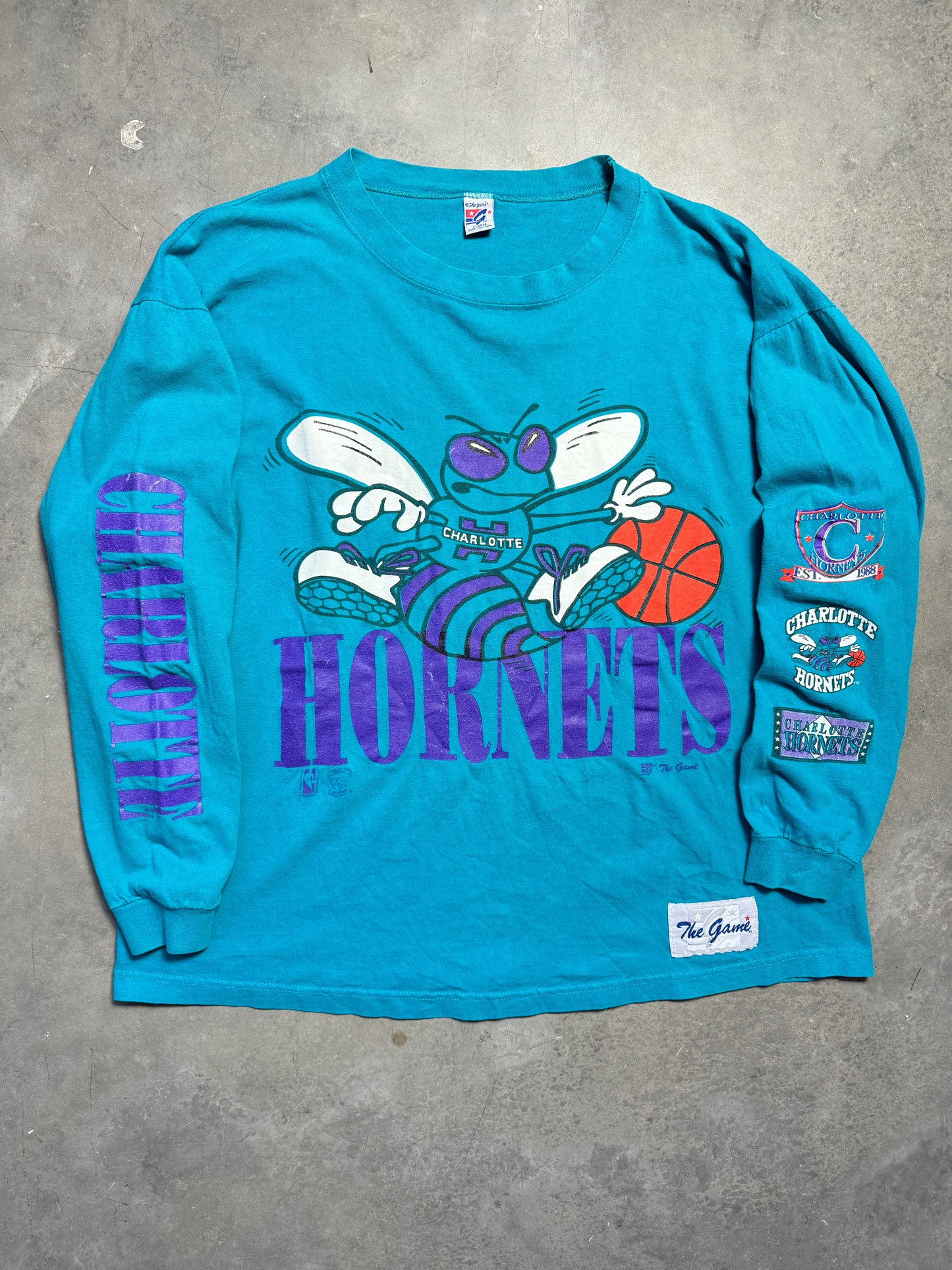 90’s Charlotte Hornets Vintage Teal The Game Big Logo Sleeve Print NBA Longsleeve Tee (XL)
