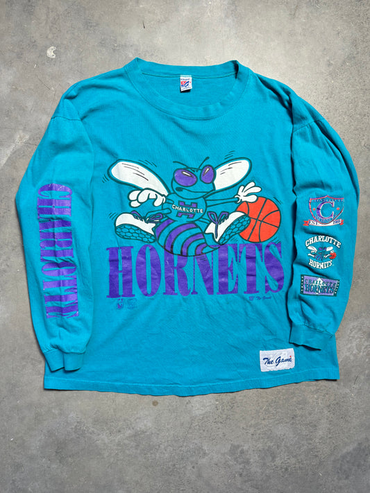90’s Charlotte Hornets Vintage Teal The Game Big Logo Sleeve Print NBA Longsleeve Tee (XL)