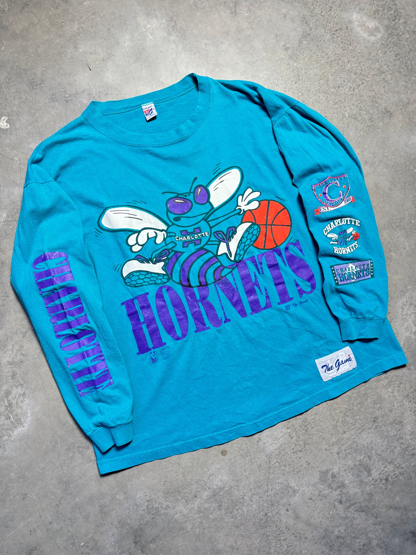 90’s Charlotte Hornets Vintage Teal The Game Big Logo Sleeve Print NBA Longsleeve Tee (XL)