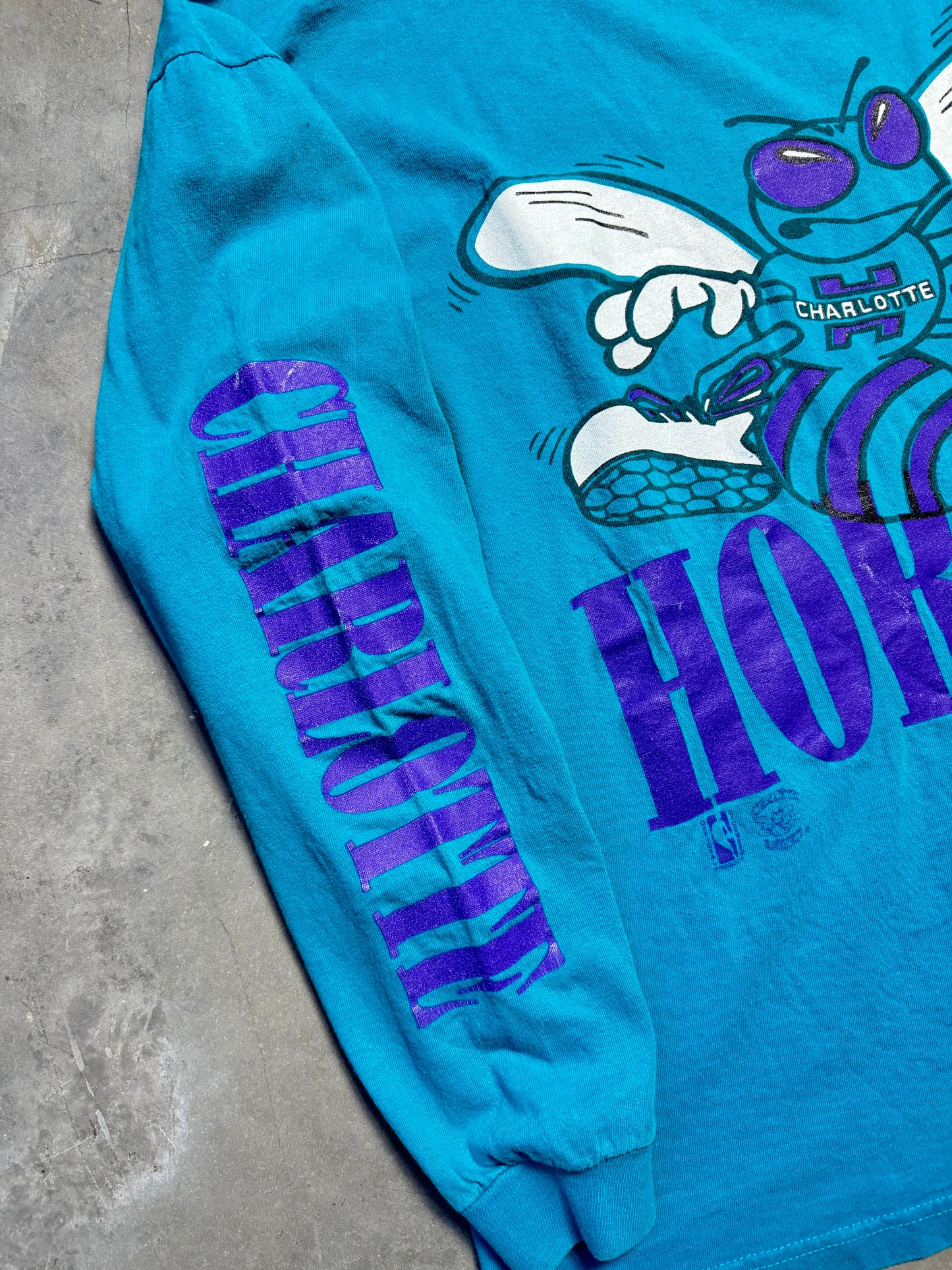 90’s Charlotte Hornets Vintage Teal The Game Big Logo Sleeve Print NBA Longsleeve Tee (XL)