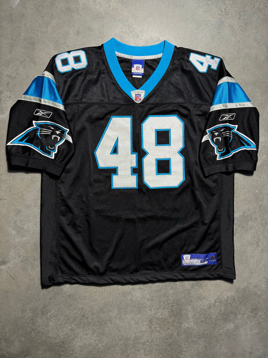 00’s Carolina Panthers Stephen Davis Vintage Black Reebok Fully Embroidered On Field NFL Authentic Jersey (54/XXL)
