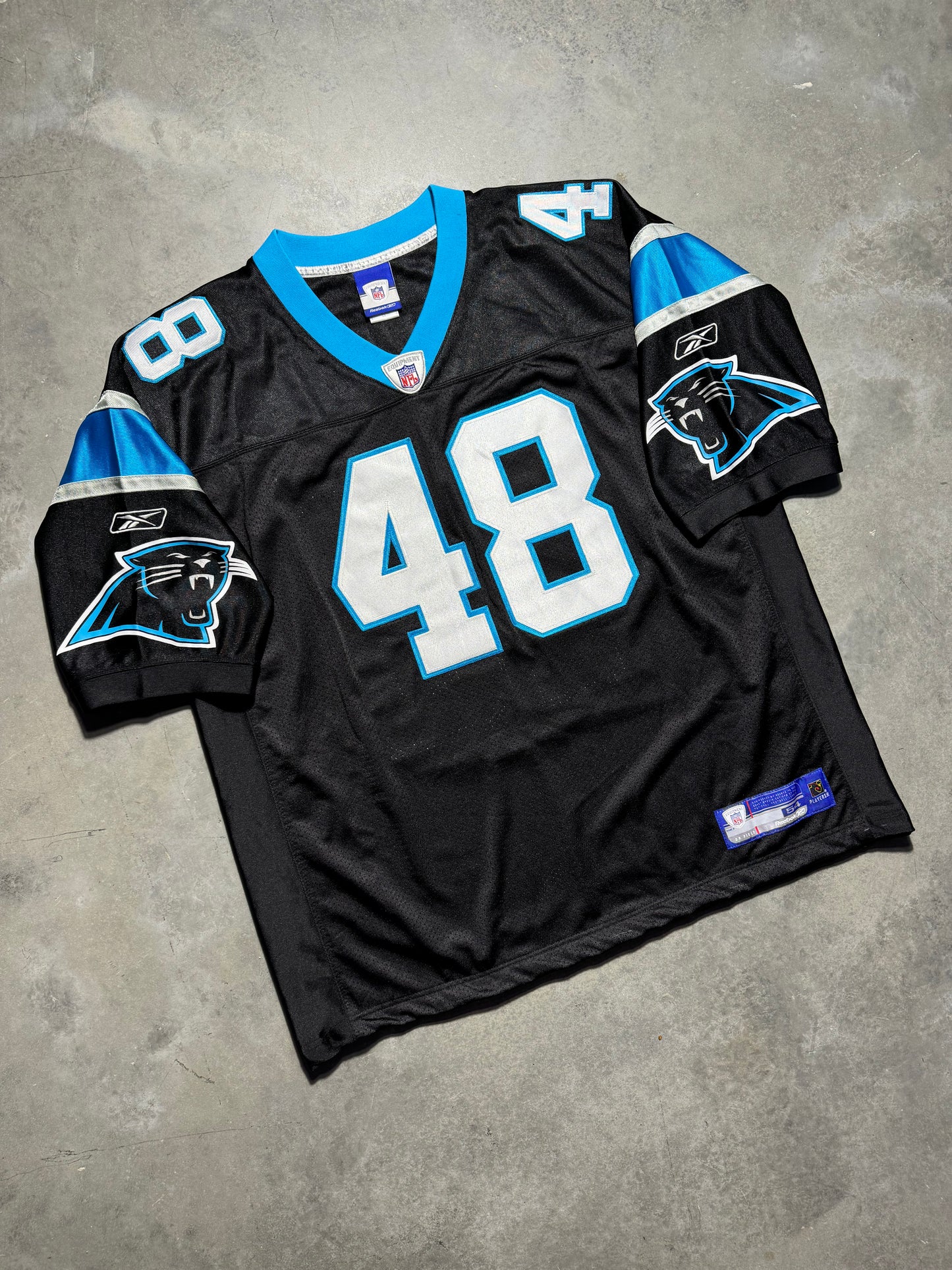 00’s Carolina Panthers Stephen Davis Vintage Black Reebok Fully Embroidered On Field NFL Authentic Jersey (54/XXL)