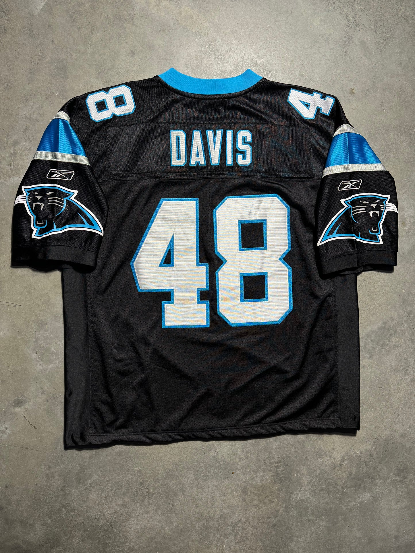 00’s Carolina Panthers Stephen Davis Vintage Black Reebok Fully Embroidered On Field NFL Authentic Jersey (54/XXL)