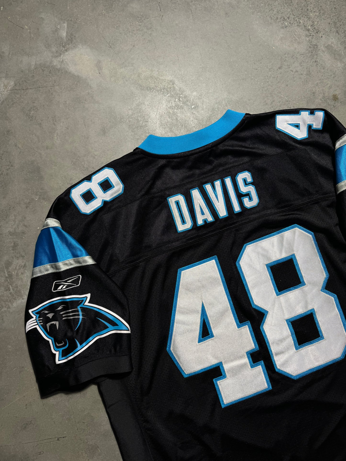 00’s Carolina Panthers Stephen Davis Vintage Black Reebok Fully Embroidered On Field NFL Authentic Jersey (54/XXL)