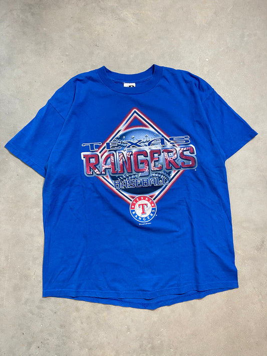2003 Texas Rangers Baseball Spellout Logo Vintage MLB Shirt (Large)