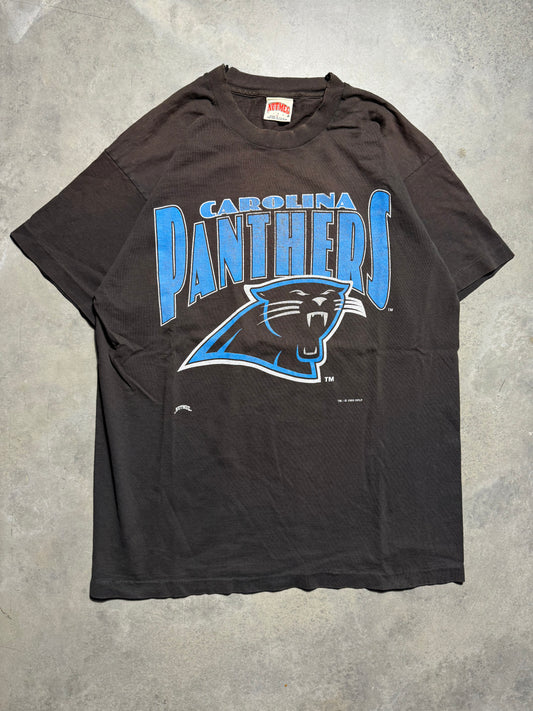 1993 Carolina Panthers Vintage Faded Black Nutmeg Mills Big Logo Distressed NFL Tee (XL)