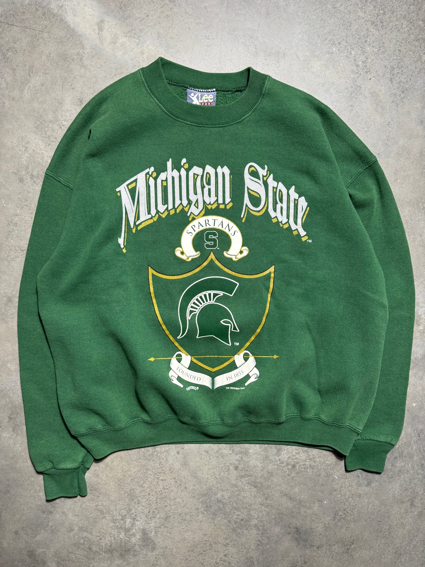 90’s Michigan State Spartans Vintage Green Old English Spellout College Crewneck (Large)