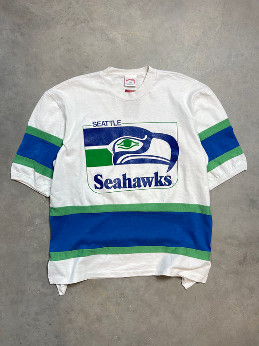 90’s Seattle Seahawks Big Logo Vintage Nutmeg Mills NFL Tee (Large)