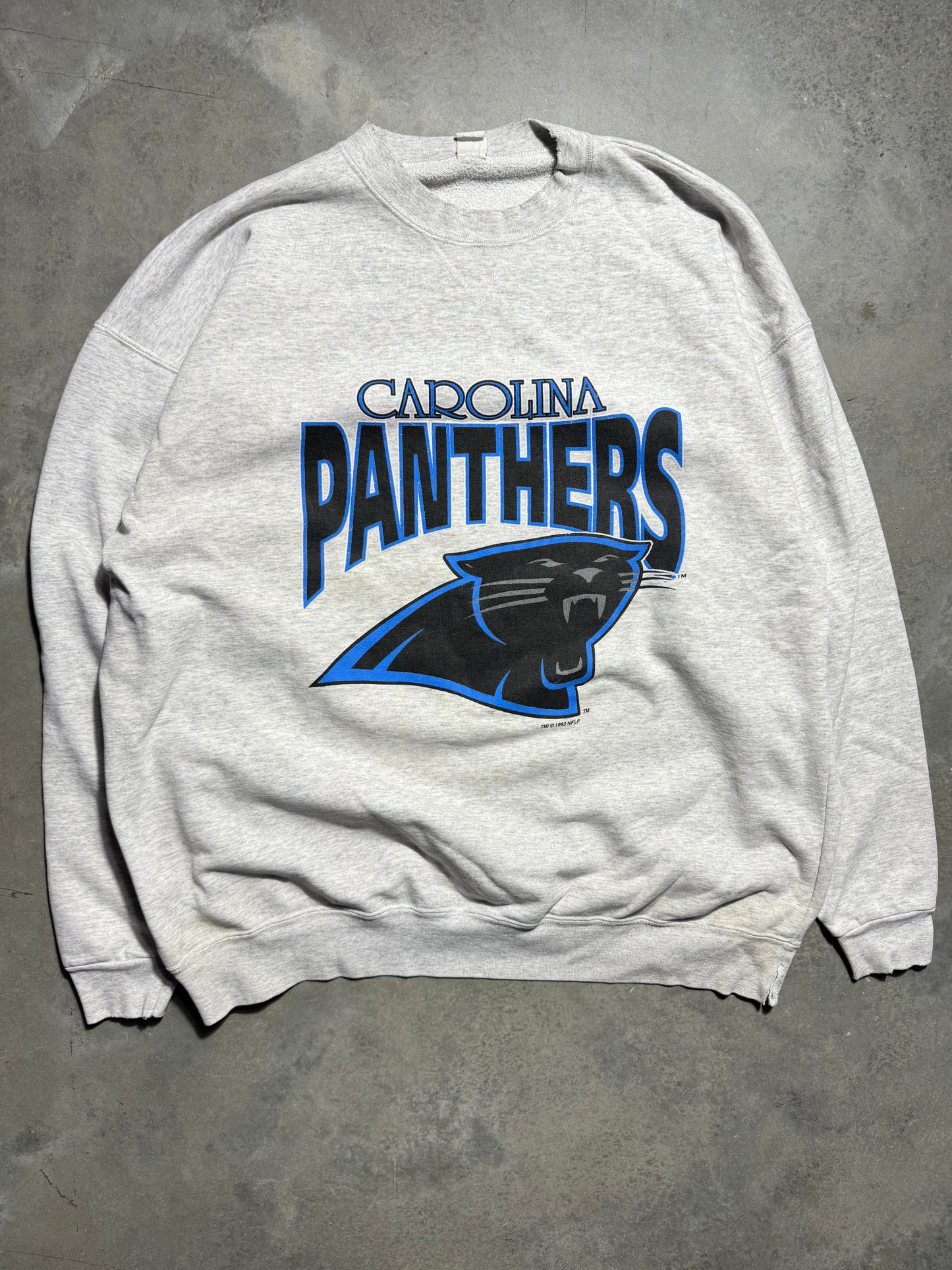1993 Carolina Panthers Vintage Heather Grey Big Logo Distressed NFL Crewneck (XXL)