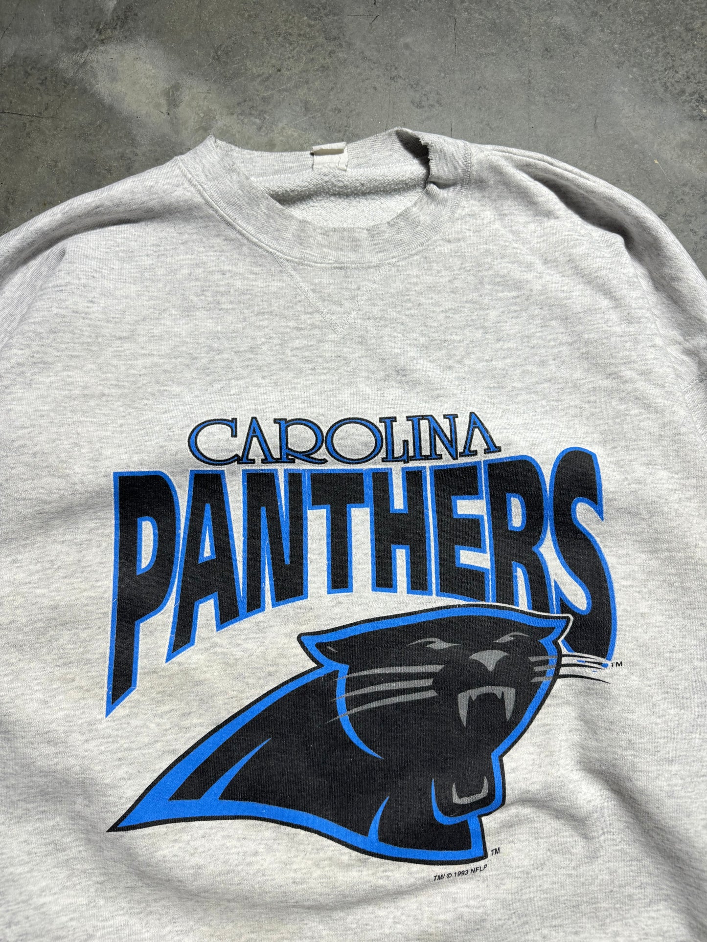 1993 Carolina Panthers Vintage Heather Grey Big Logo Distressed NFL Crewneck (XXL)