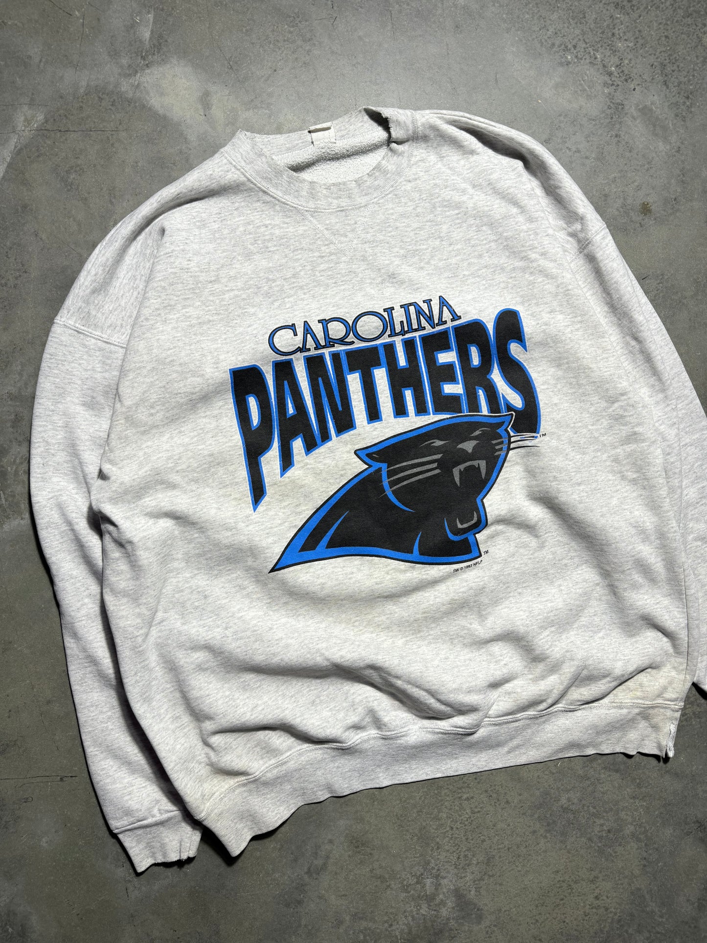1993 Carolina Panthers Vintage Heather Grey Big Logo Distressed NFL Crewneck (XXL)