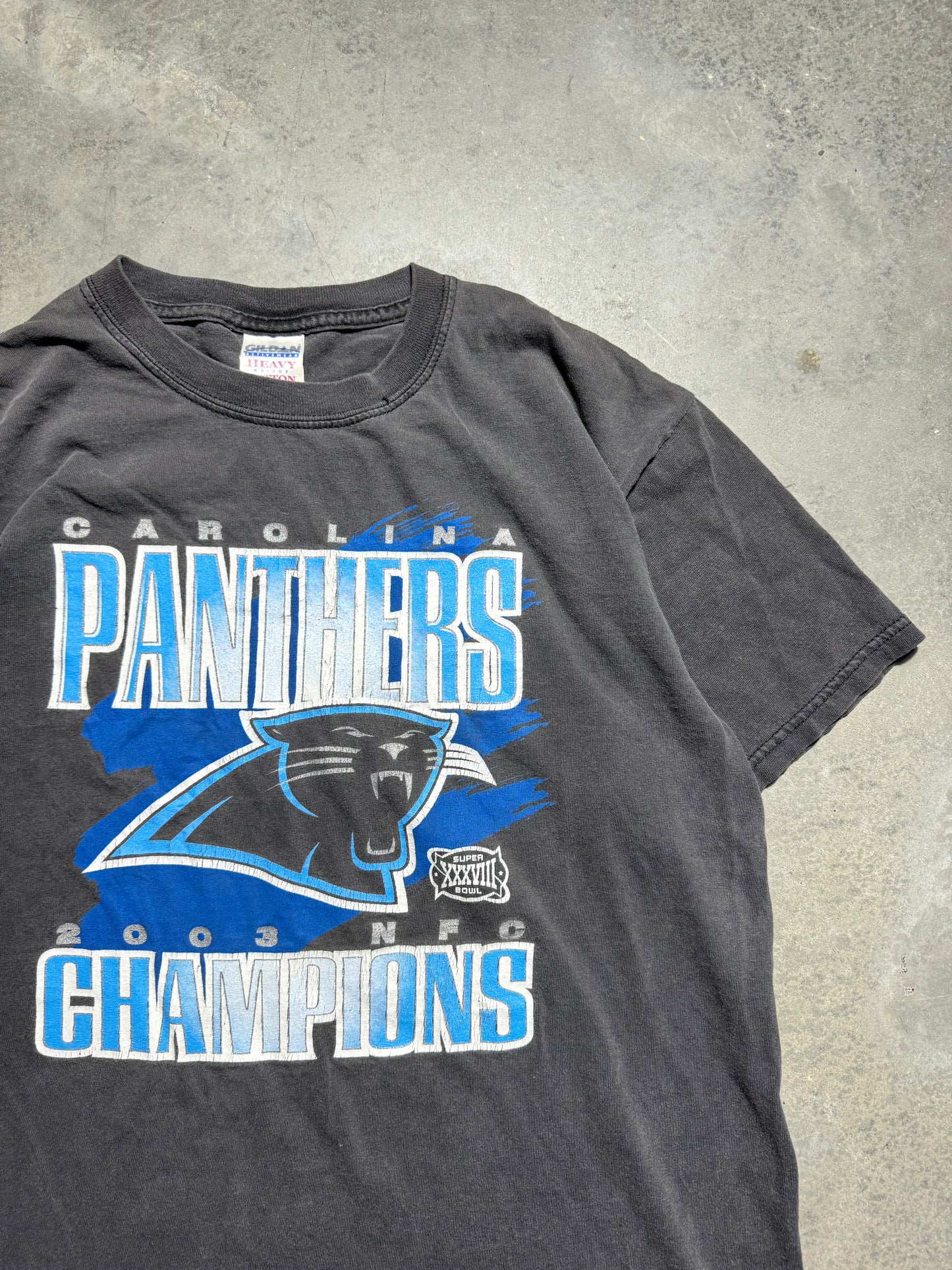 2003 Carolina Panthers Vintage Faded Black NFC Champions Super Bowl XXXVIII Tee (Medium)