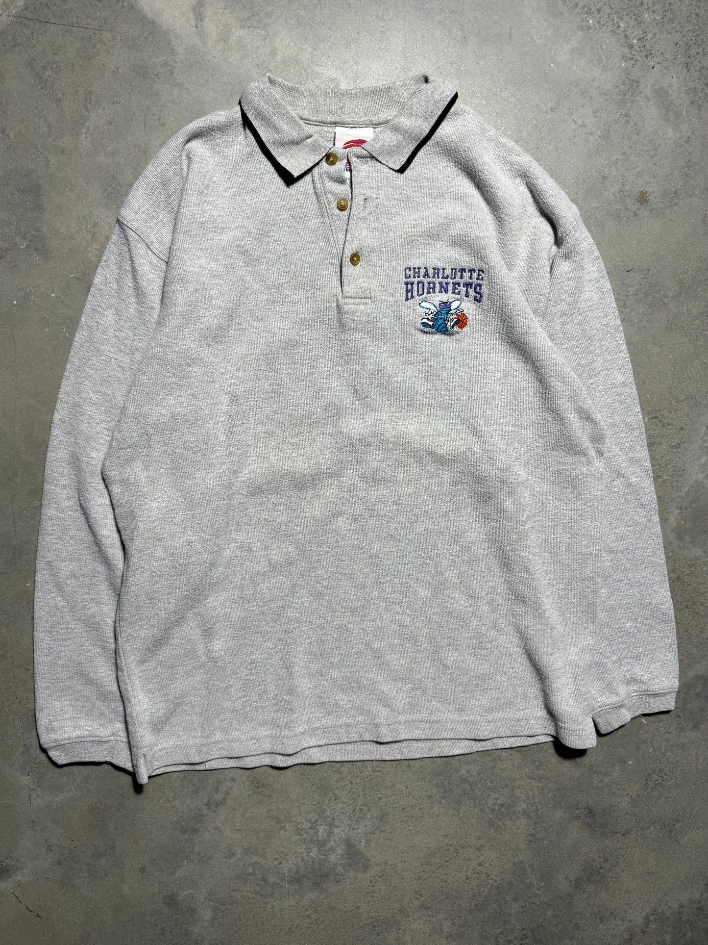 90’s Charlotte Hornets Vintage Grey Heavyweight Ribbed Rugby Style NBA Polo Collared Shirt (Large)