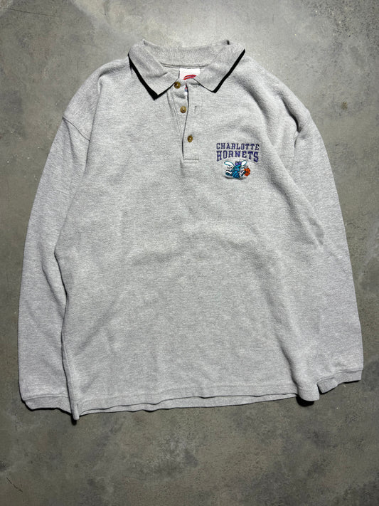 90’s Charlotte Hornets Vintage Grey Heavyweight Ribbed Rugby Style NBA Polo Collared Shirt (Large)