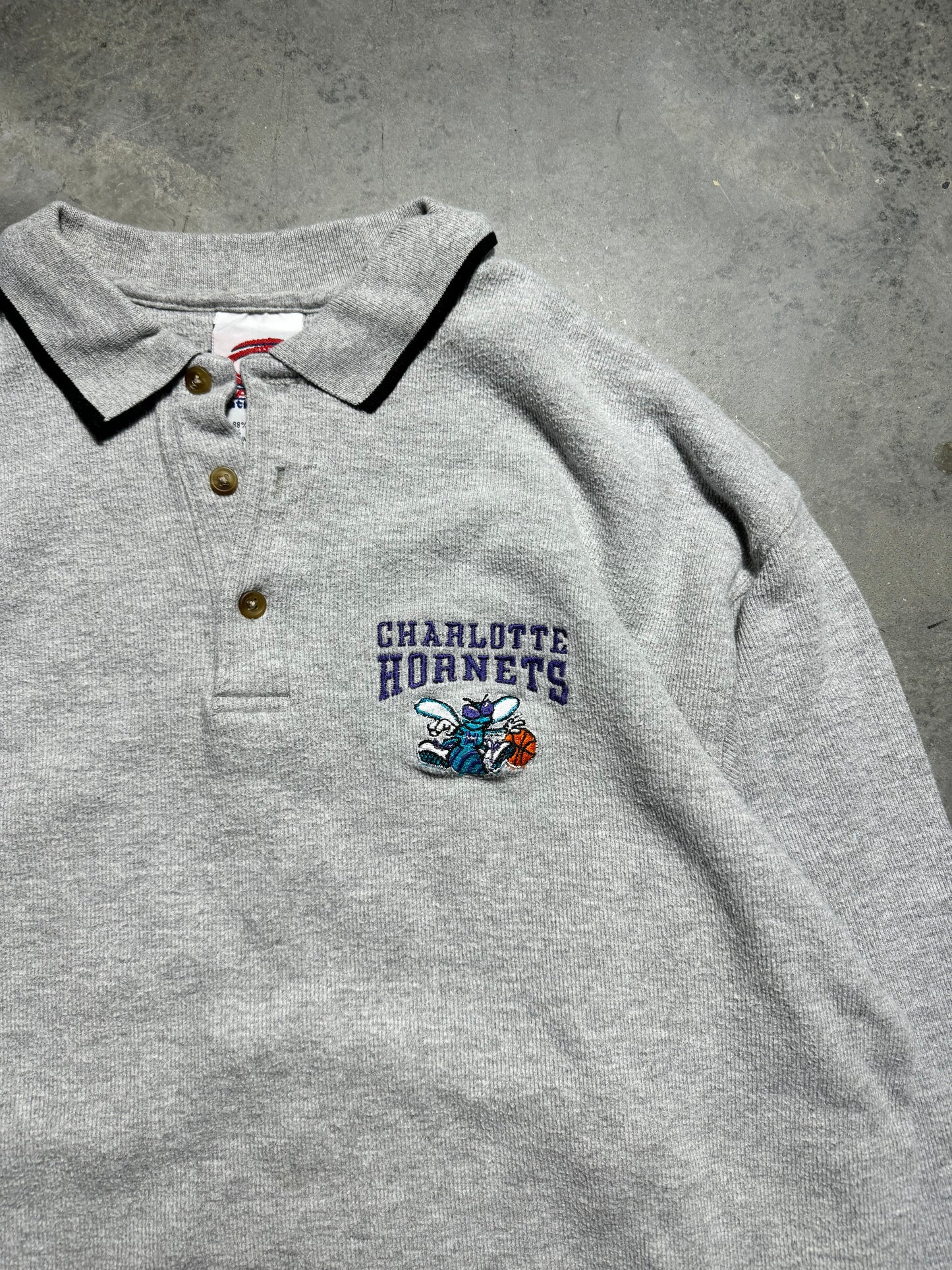 90’s Charlotte Hornets Vintage Grey Heavyweight Ribbed Rugby Style NBA Polo Collared Shirt (Large)