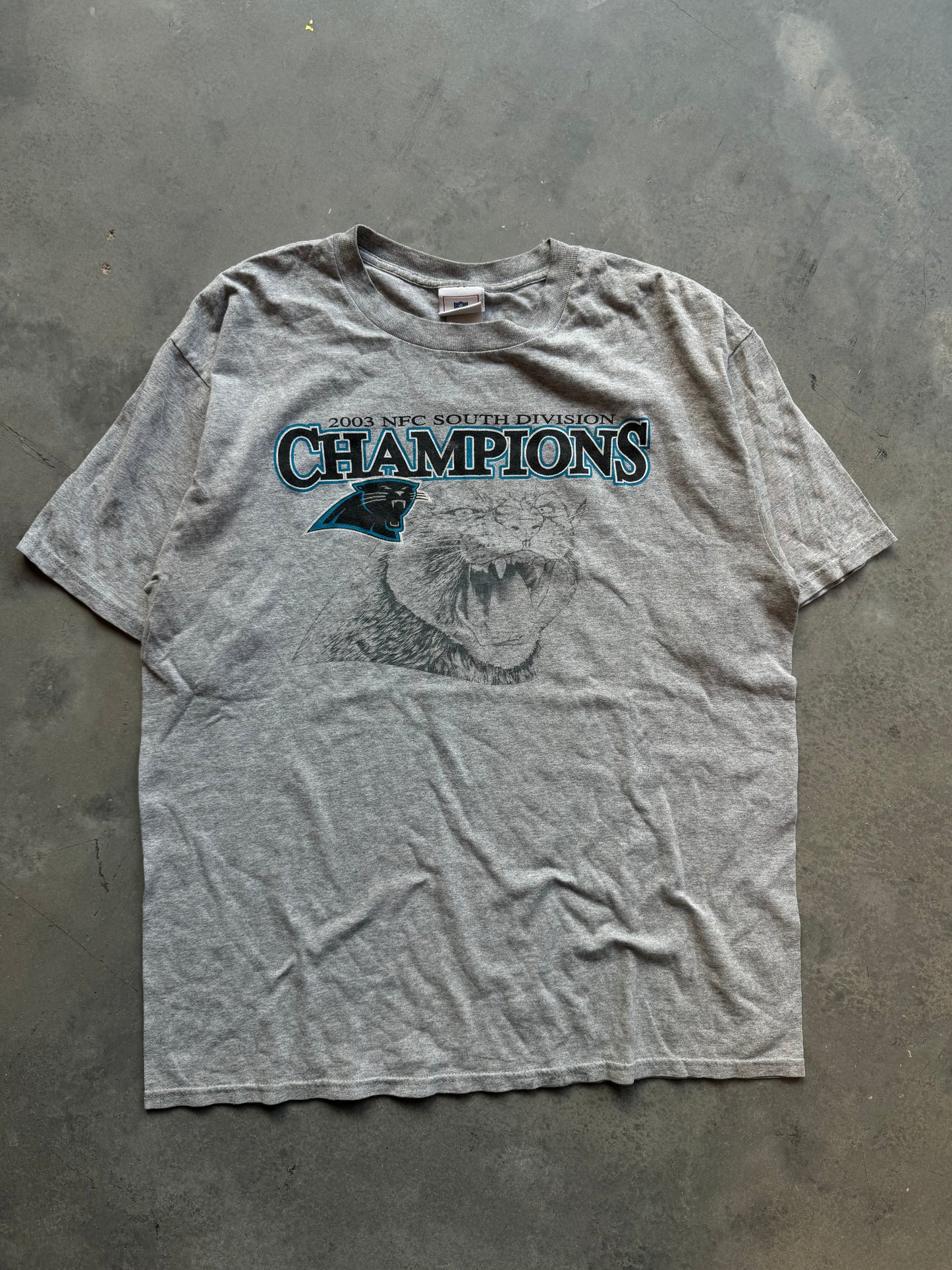 2003 Carolina Panthers Vintage NFC Champions Super Bowl XXXVIII Realistic Cat NFL Tee (XL)