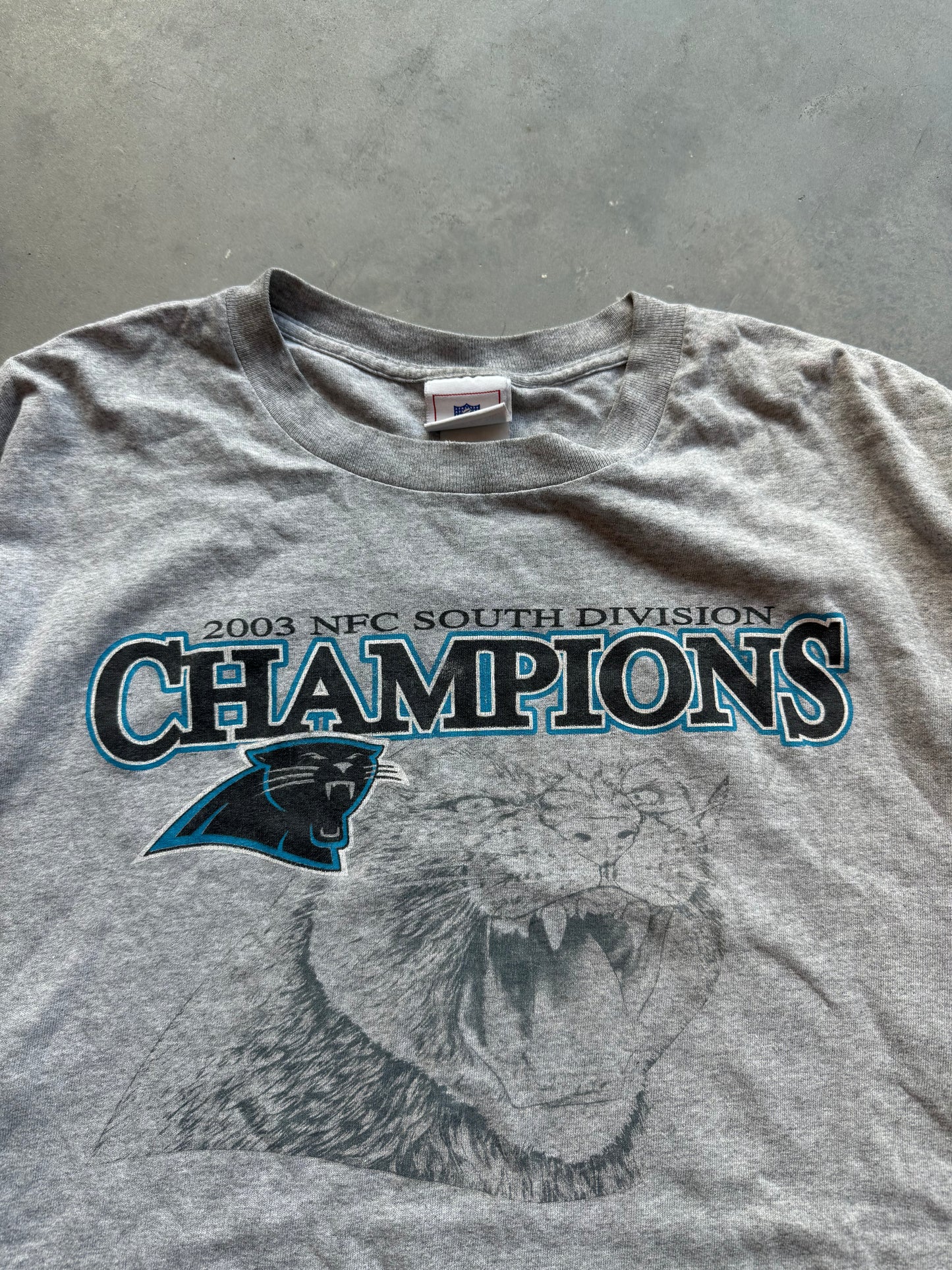 2003 Carolina Panthers Vintage NFC Champions Super Bowl XXXVIII Realistic Cat NFL Tee (XL)