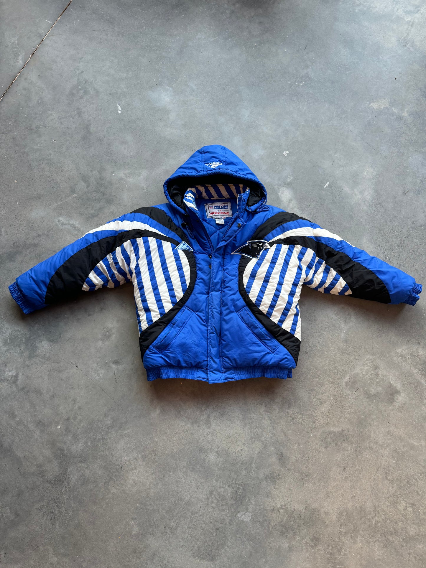 90’s Carolina Panthers Vintage Apex One Pinstriped Candy Cane Style NFL Puffer Jacket (Large)