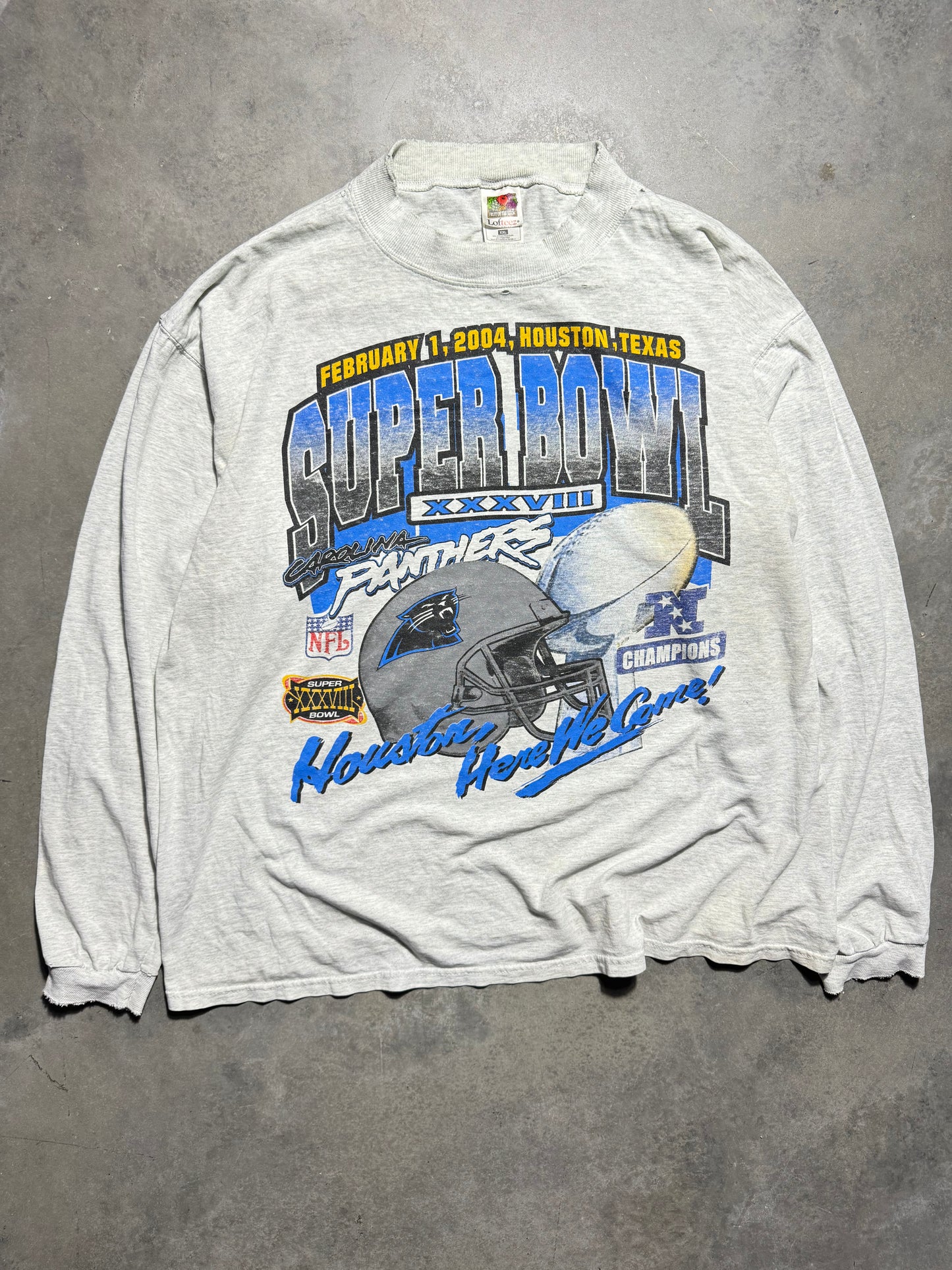 2004 Carolina Panthers Heather Grey Super Bowl XXXVIII “Houston, Here We Come!” Vintage NFL Longsleeve Roster Tee (XXL)