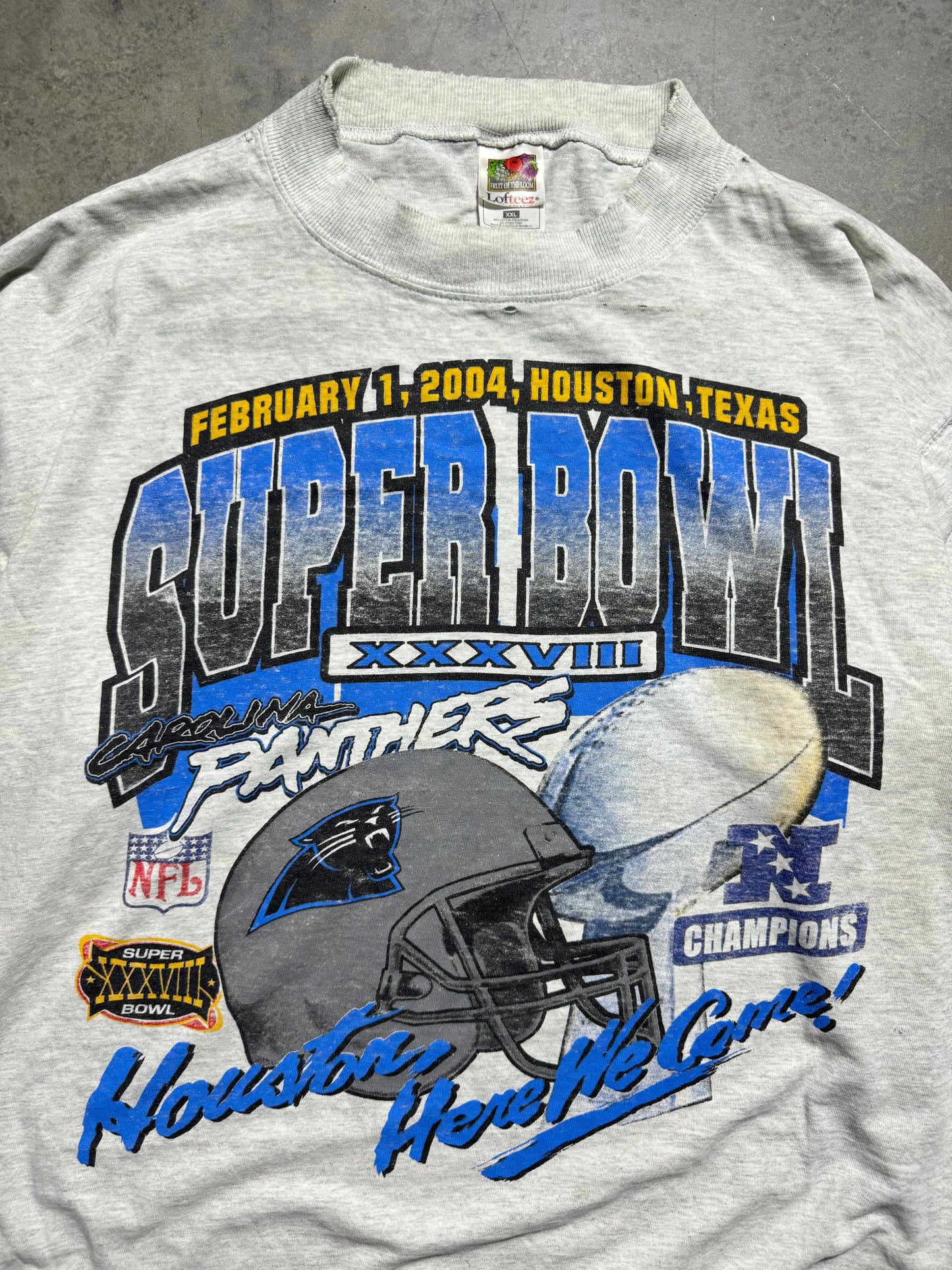 2004 Carolina Panthers Heather Grey Super Bowl XXXVIII “Houston, Here We Come!” Vintage NFL Longsleeve Roster Tee (XXL)