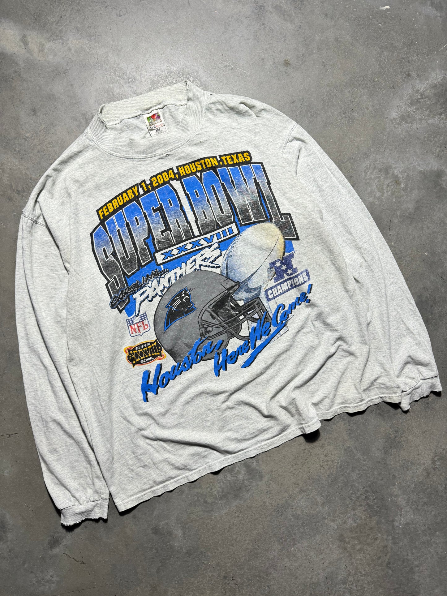 2004 Carolina Panthers Heather Grey Super Bowl XXXVIII “Houston, Here We Come!” Vintage NFL Longsleeve Roster Tee (XXL)