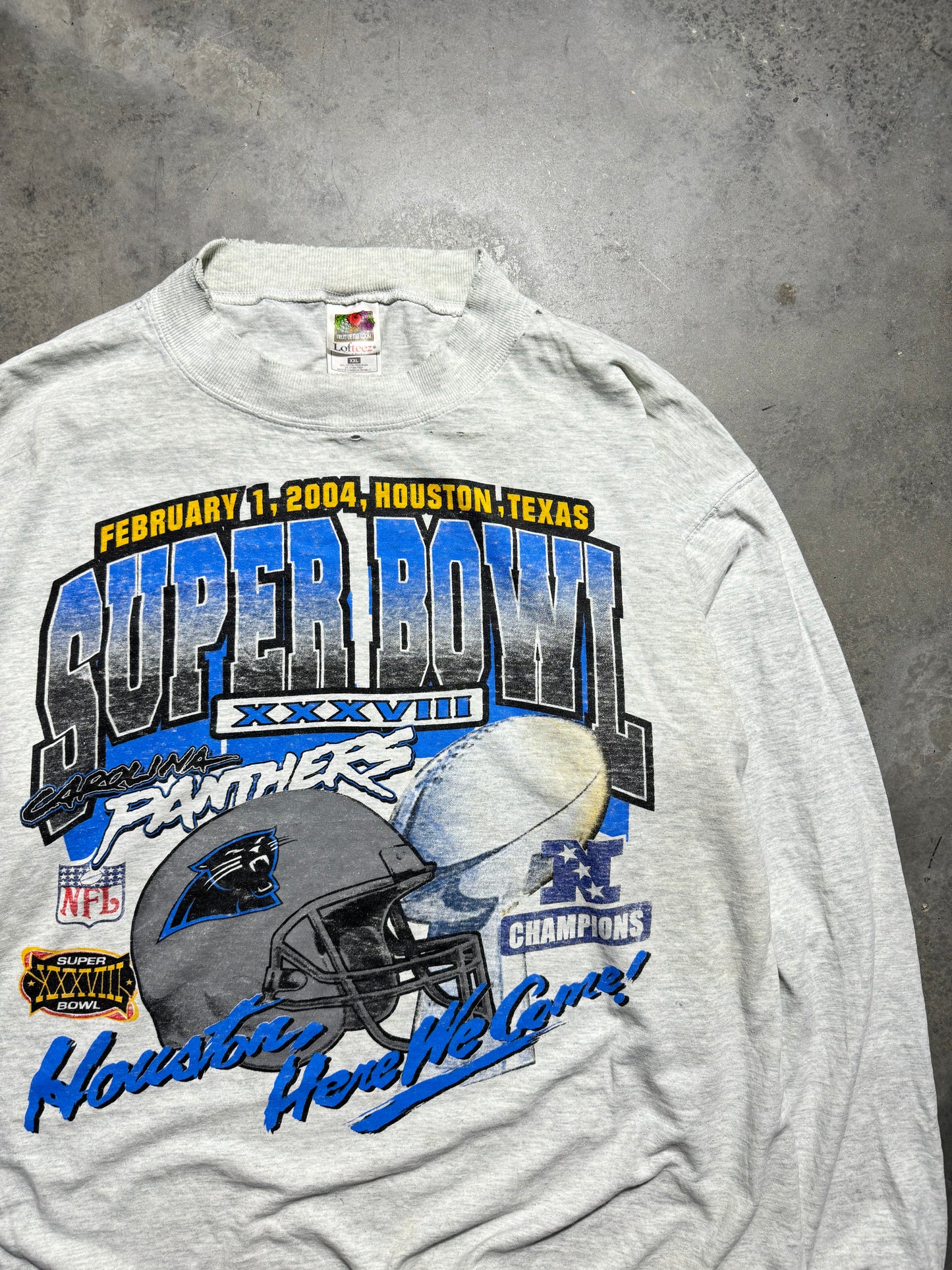 2004 Carolina Panthers Heather Grey Super Bowl XXXVIII “Houston, Here We Come!” Vintage NFL Longsleeve Roster Tee (XXL)