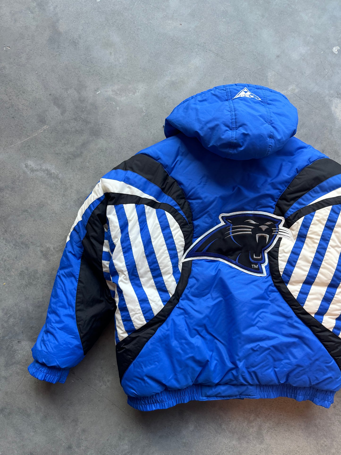 90’s Carolina Panthers Vintage Apex One Pinstriped Candy Cane Style NFL Puffer Jacket (Large)