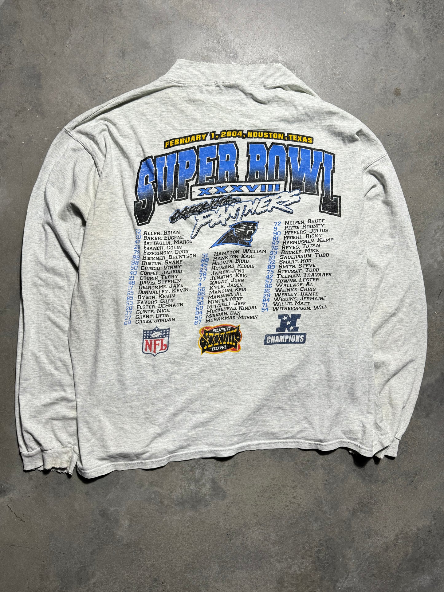 2004 Carolina Panthers Heather Grey Super Bowl XXXVIII “Houston, Here We Come!” Vintage NFL Longsleeve Roster Tee (XXL)