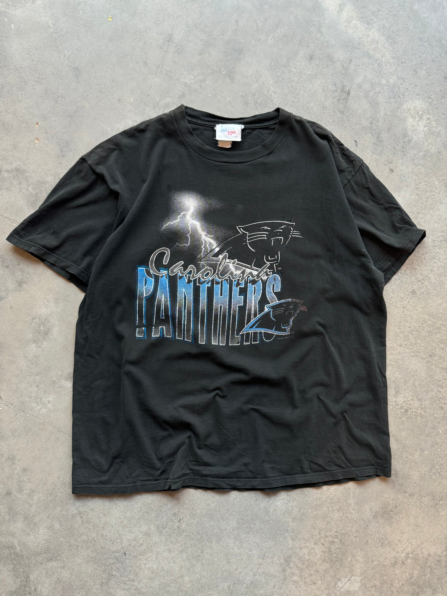 1995 Carolina Panthers Vintage Distressed Lighting Print NFL Tee (XL)