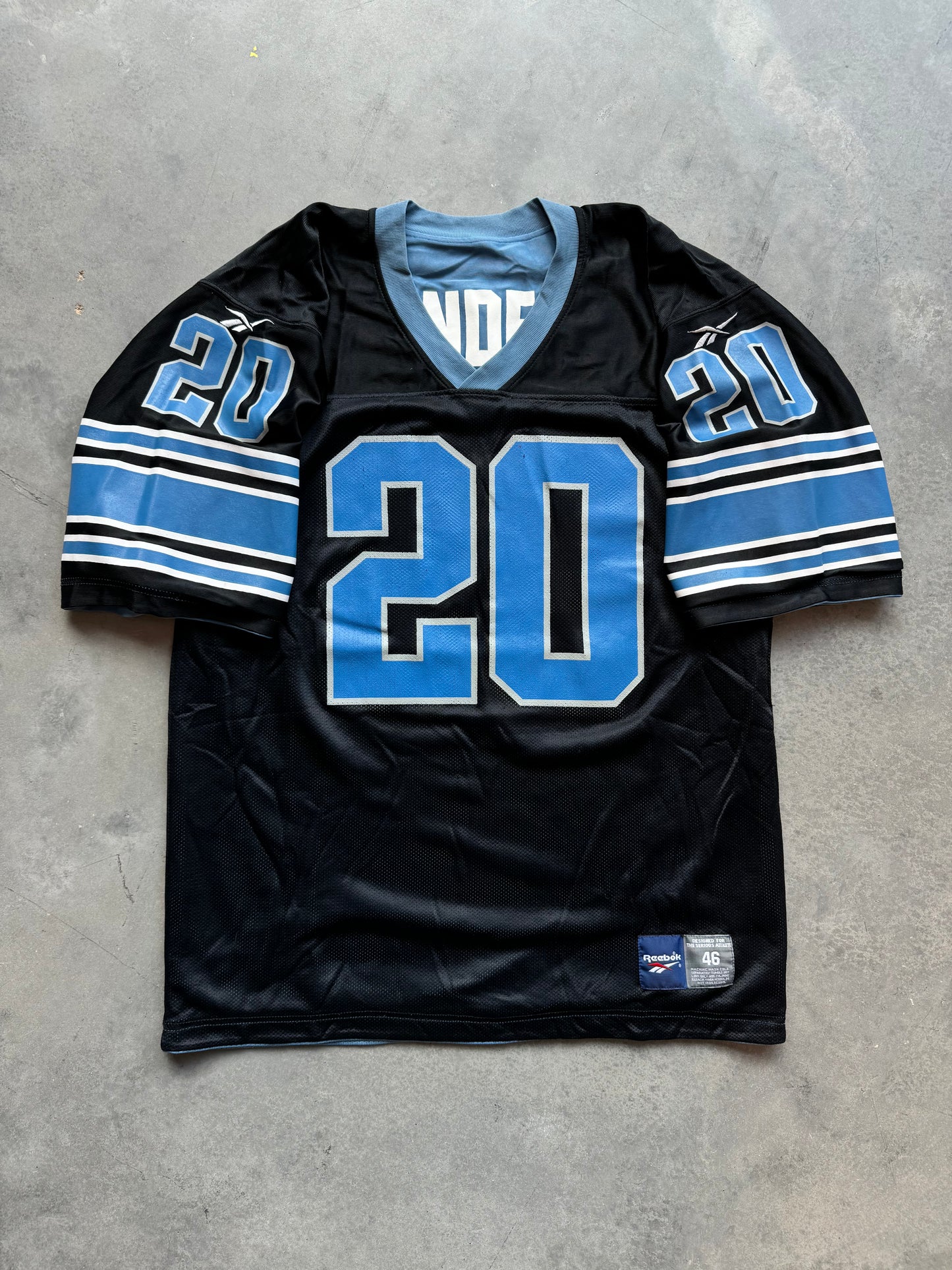 90’s Detroit Lions Barry Sanders Vintage Reebok Reversible Hawaiian Blue/Black NFL Jersey (46/Large)