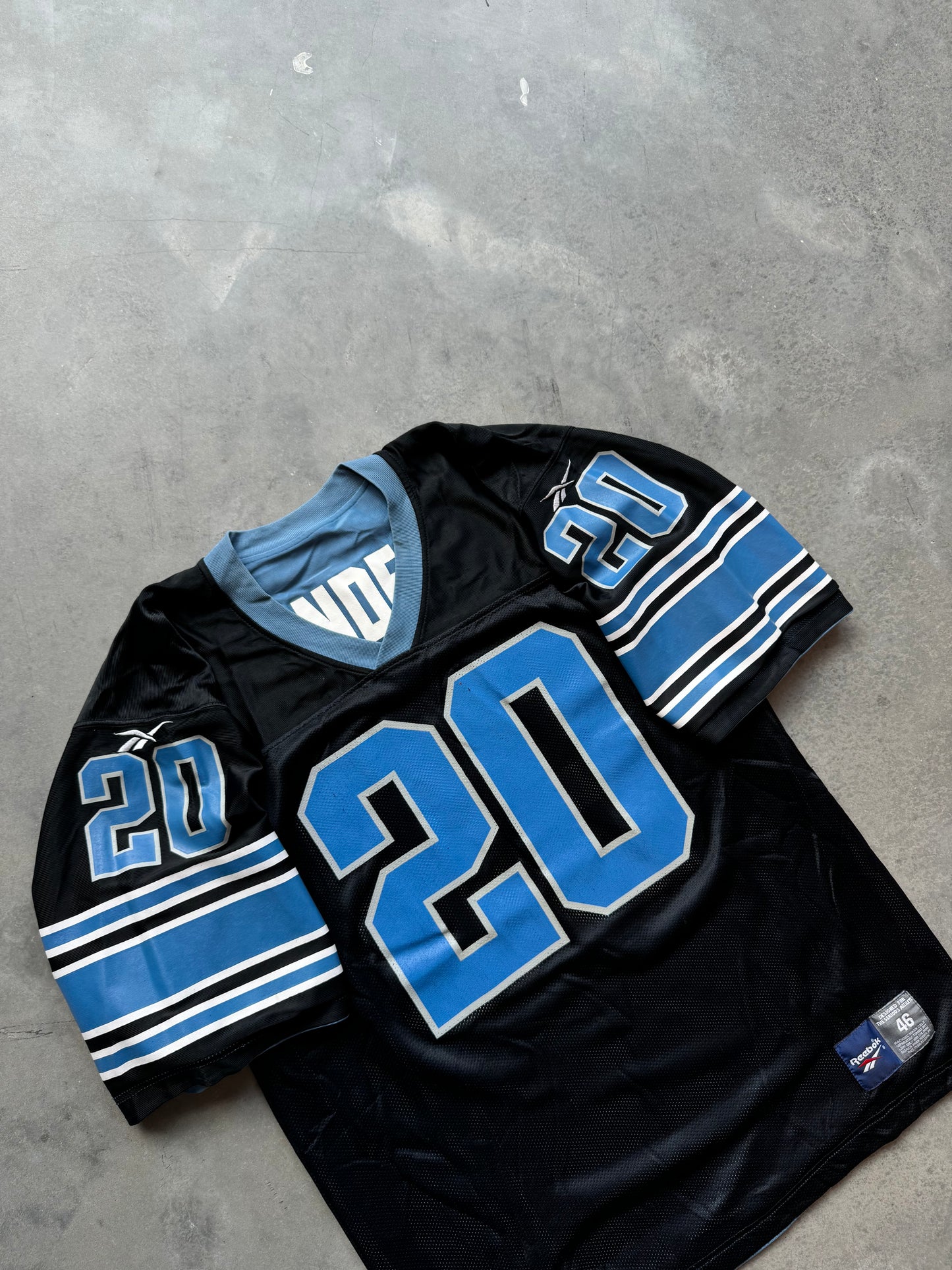 90’s Detroit Lions Barry Sanders Vintage Reebok Reversible Hawaiian Blue/Black NFL Jersey (46/Large)