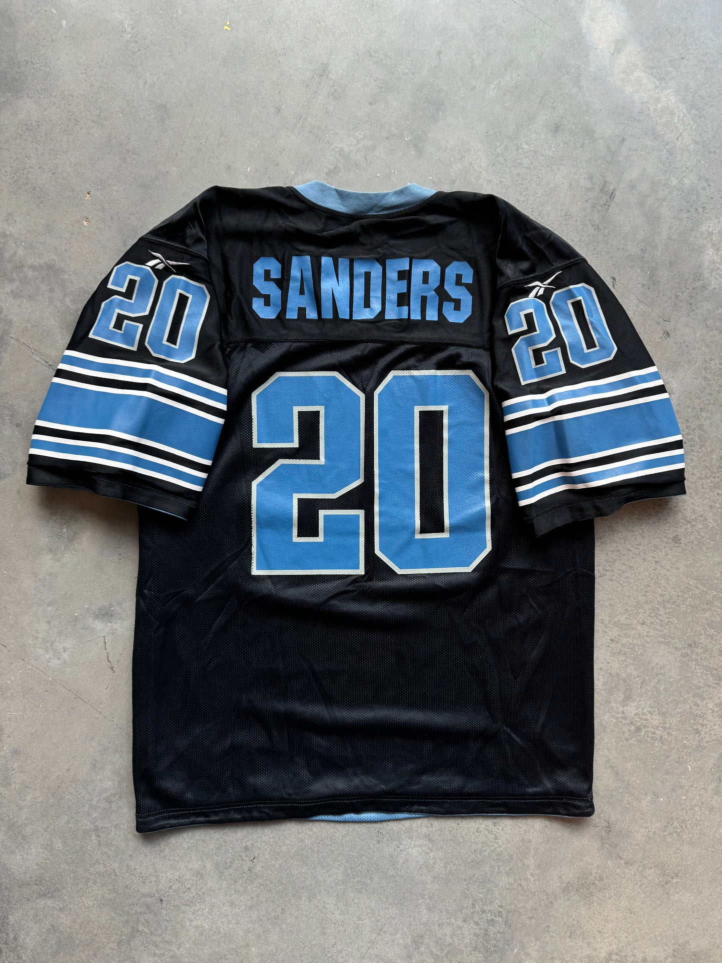 90’s Detroit Lions Barry Sanders Vintage Reebok Reversible Hawaiian Blue/Black NFL Jersey (46/Large)