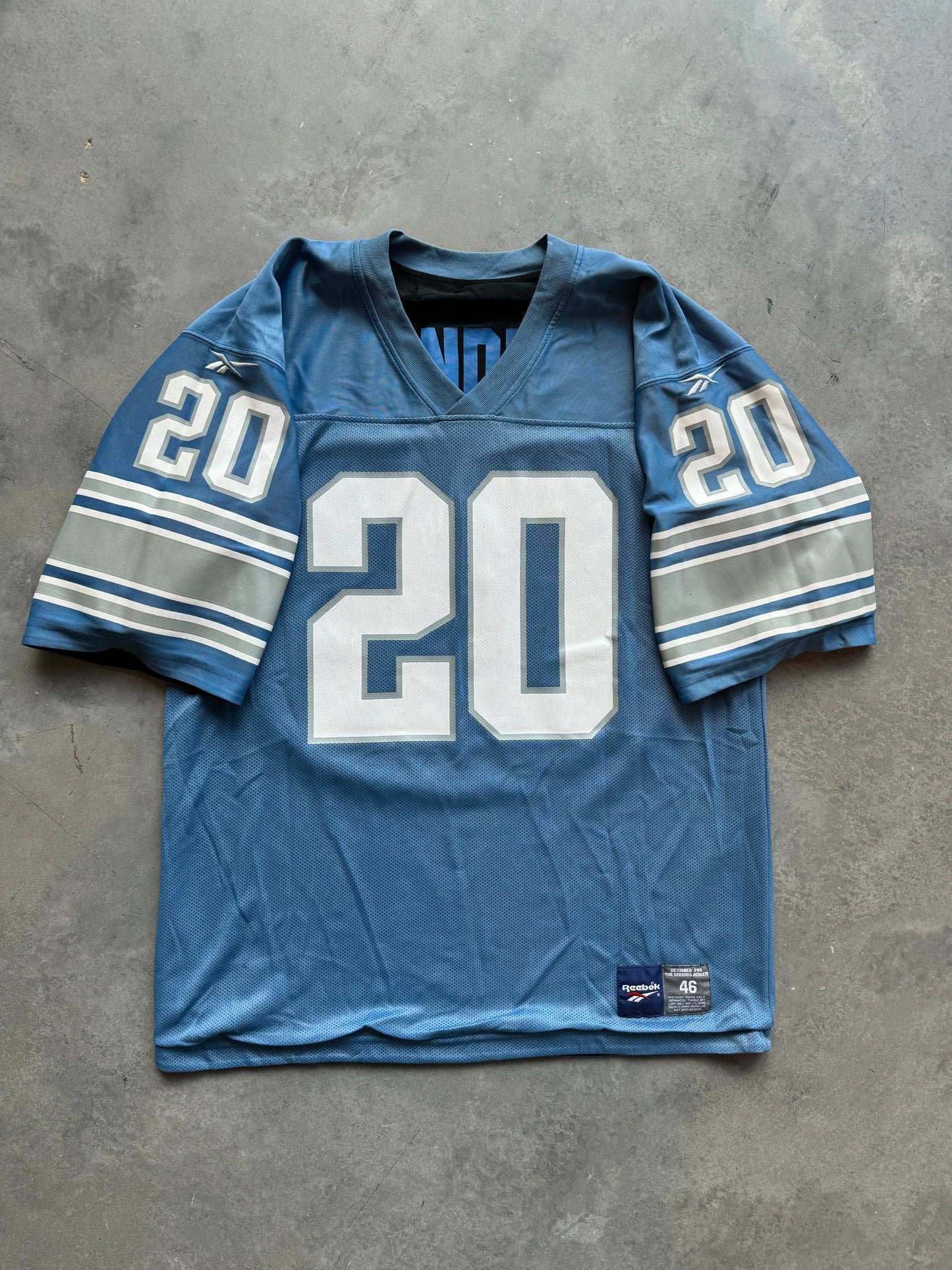 90’s Detroit Lions Barry Sanders Vintage Reebok Reversible Hawaiian Blue/Black NFL Jersey (46/Large)