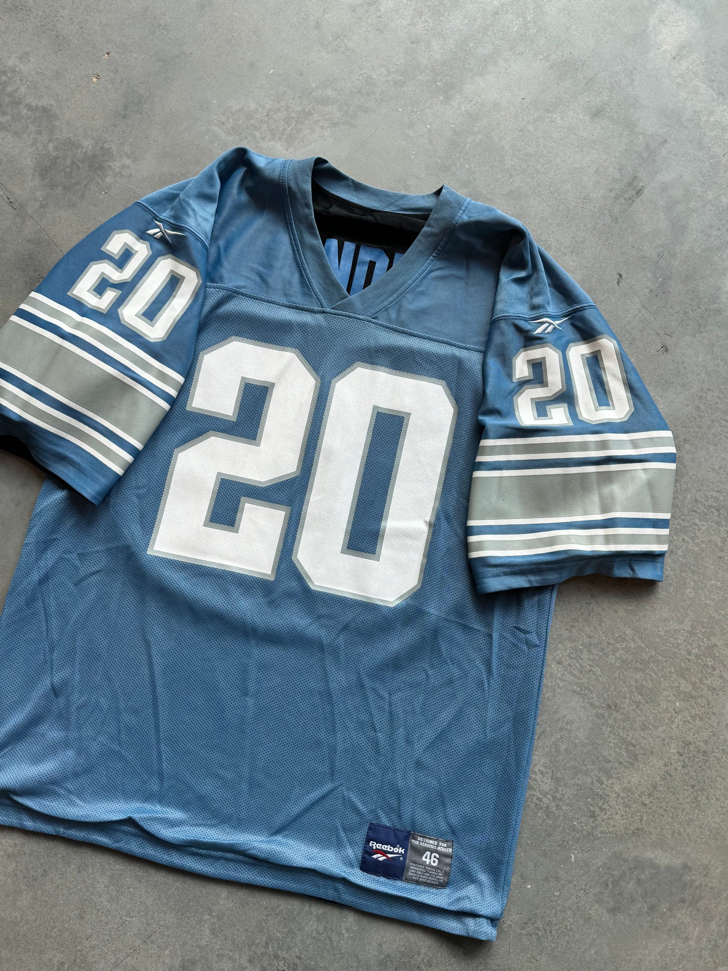 90’s Detroit Lions Barry Sanders Vintage Reebok Reversible Hawaiian Blue/Black NFL Jersey (46/Large)