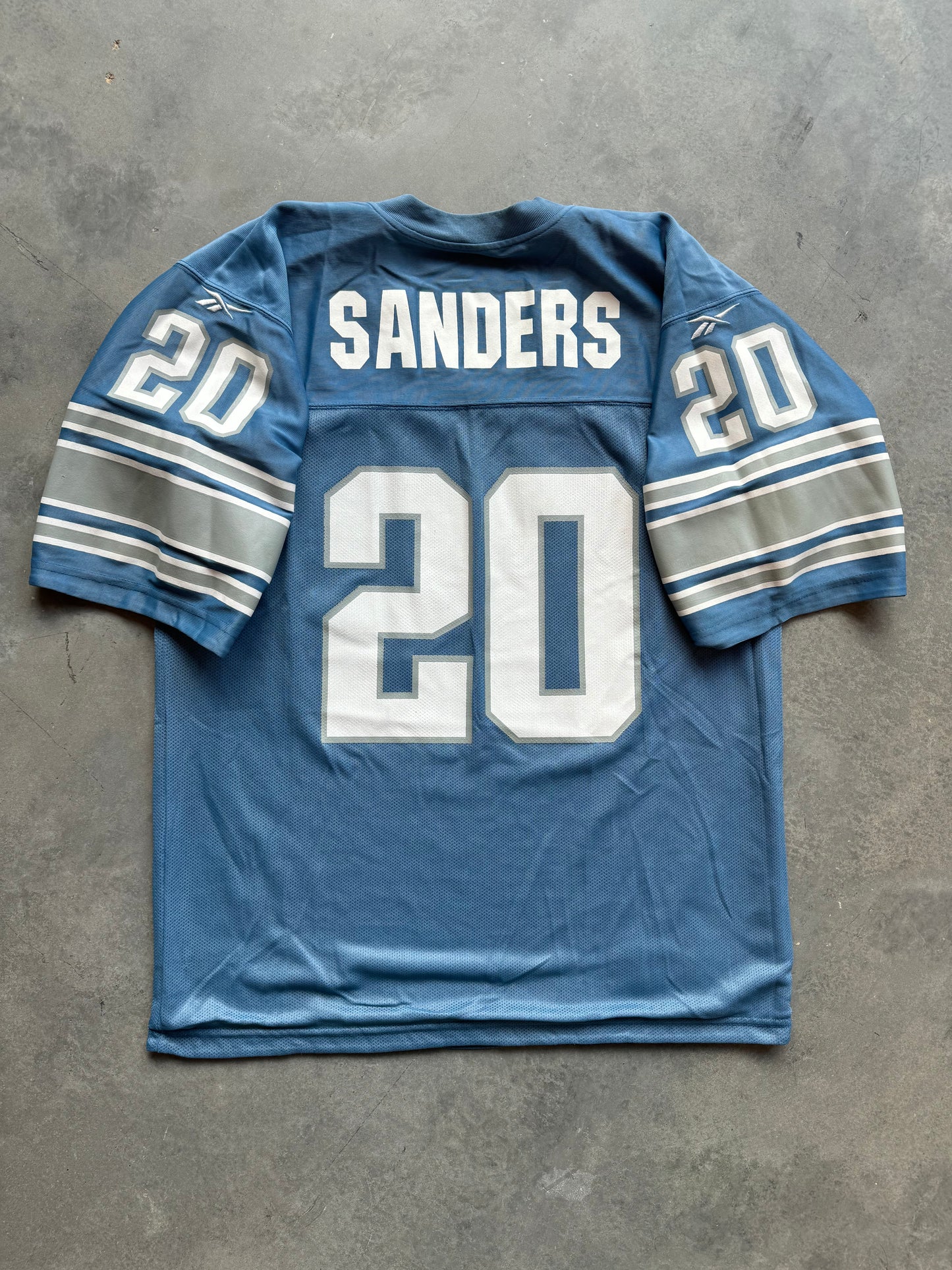 90’s Detroit Lions Barry Sanders Vintage Reebok Reversible Hawaiian Blue/Black NFL Jersey (46/Large)