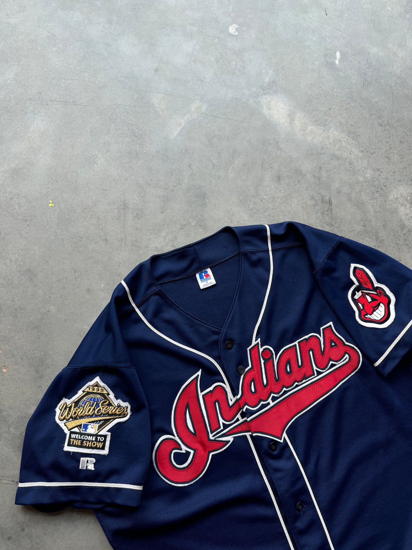 1995 Cleveland Indians Vintage 1995 World Series “Welcome to the Show” Russell Athletic Authentic Stitched MLB Jersey (48/XL)