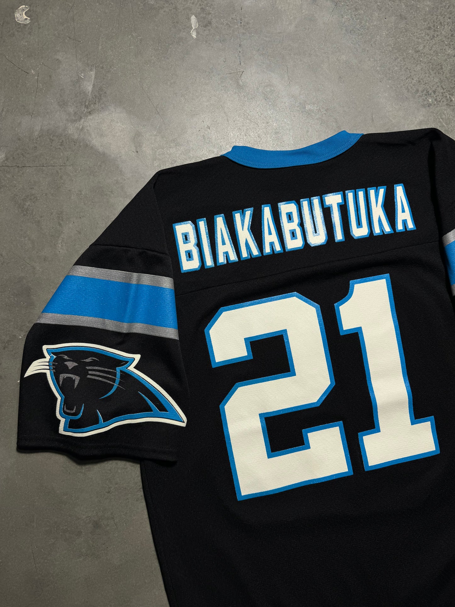 90’s Carolina Panthers Tim Biakabutuka Vintage Black Logo 7 NFL Jersey (Medium)