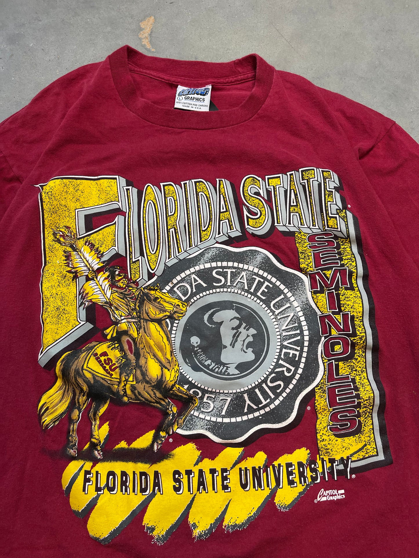 90’s FSU Florida State Seminoles Vintage Capital Graphics College Mascot Tee (Large)