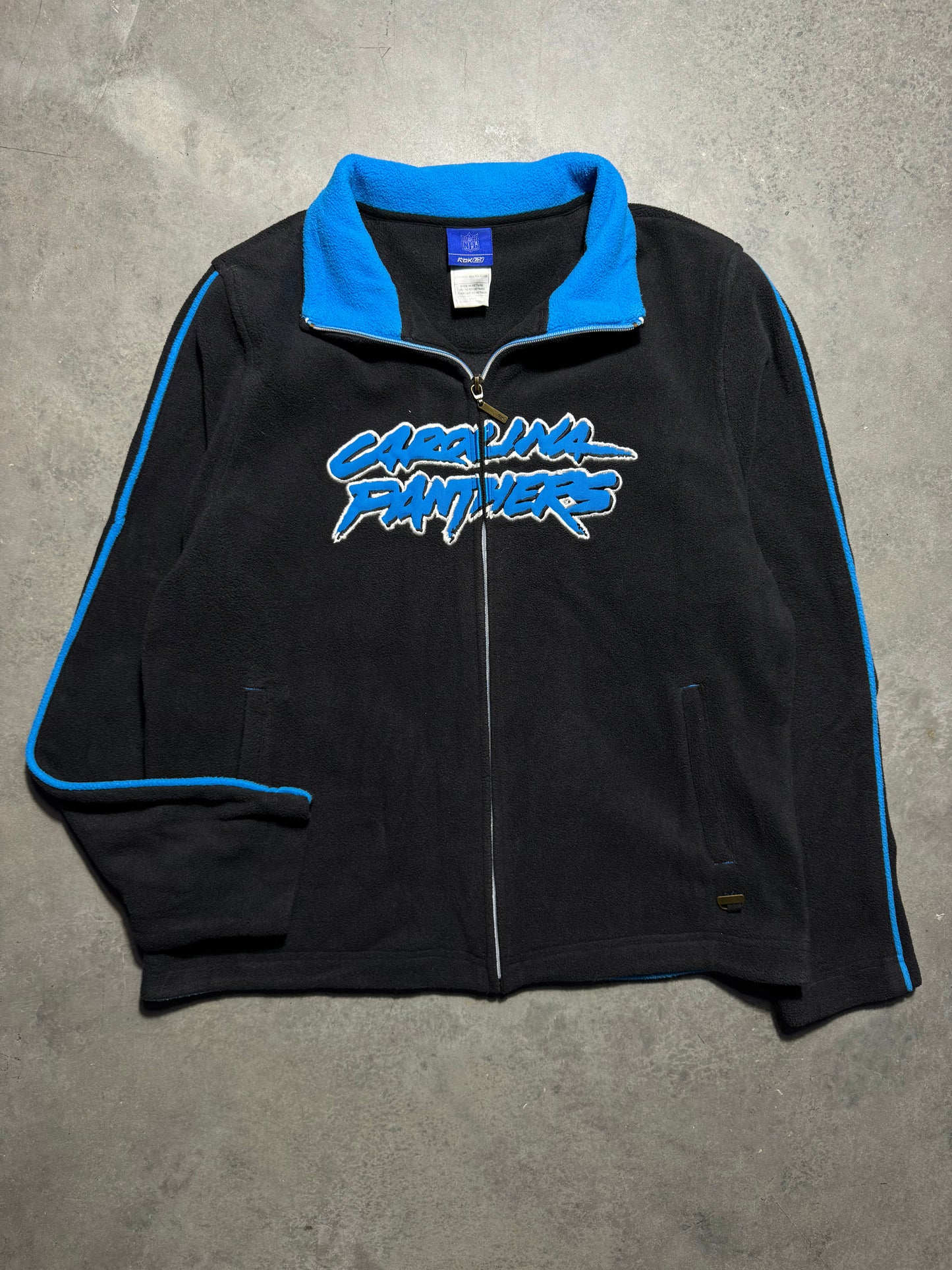 00’s Carolina Panthers Vintage Black Reebok Fleece Cat Scratch Font Embroidered Spellout Zip Up NFL Jacket (Women’s Large)