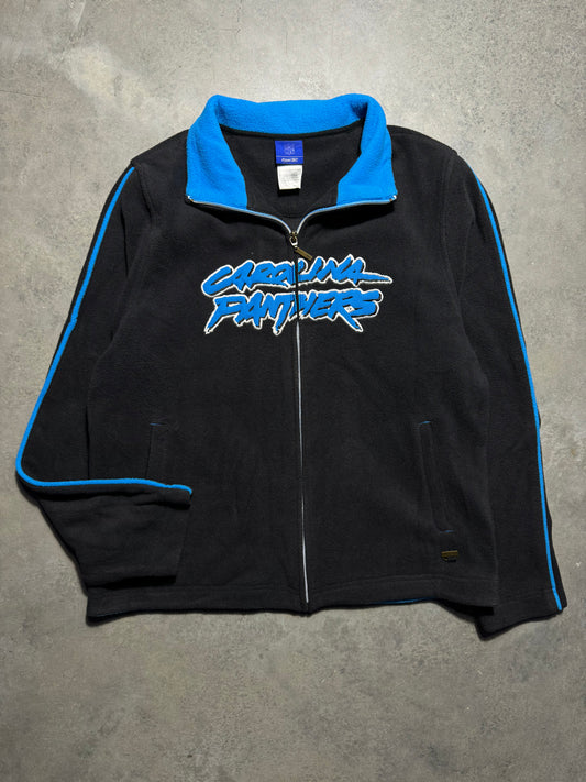 00’s Carolina Panthers Vintage Black Reebok Fleece Cat Scratch Font Embroidered Spellout Zip Up NFL Jacket (Women’s Large)