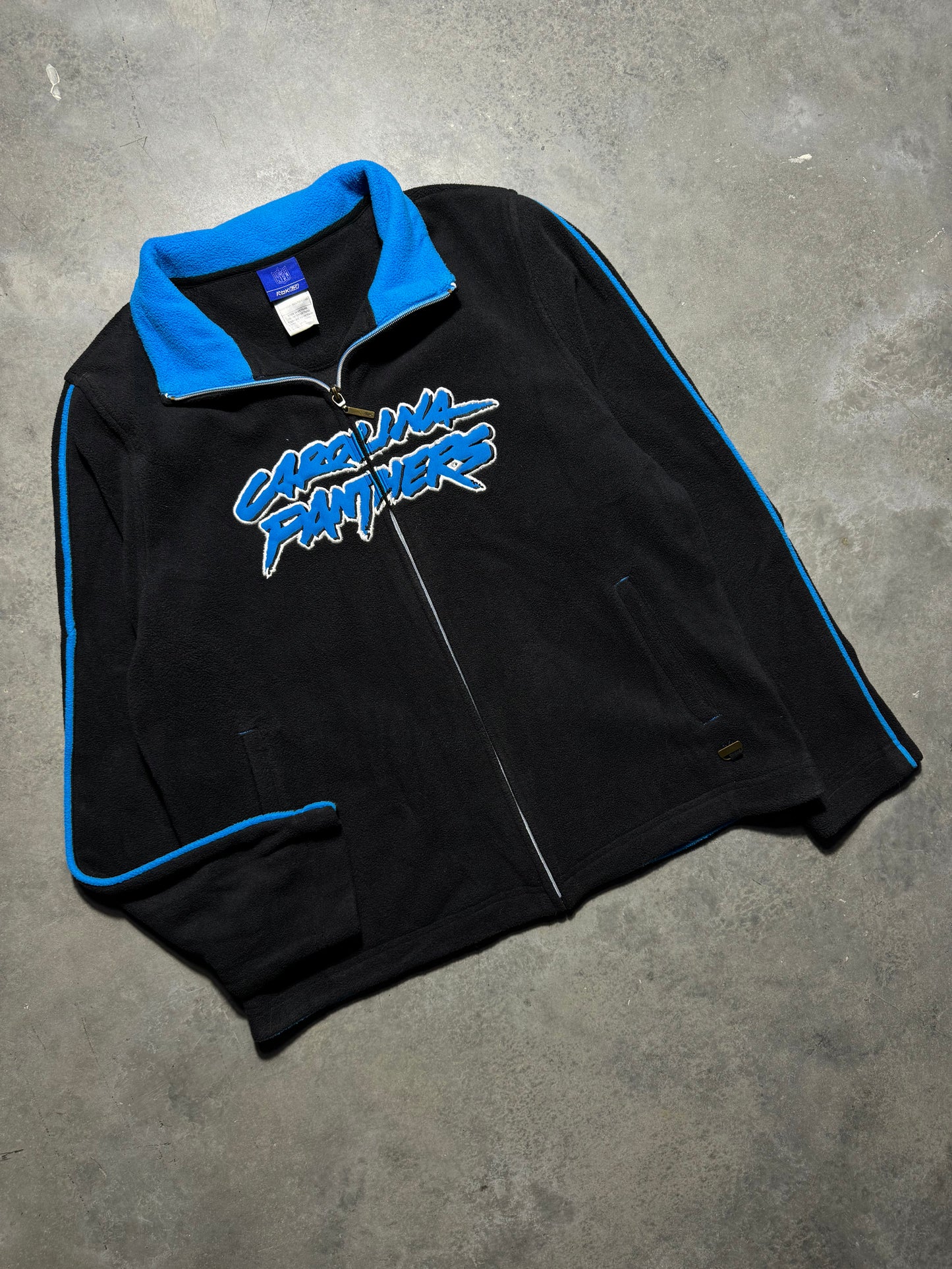 00’s Carolina Panthers Vintage Black Reebok Fleece Cat Scratch Font Embroidered Spellout Zip Up NFL Jacket (Women’s Large)