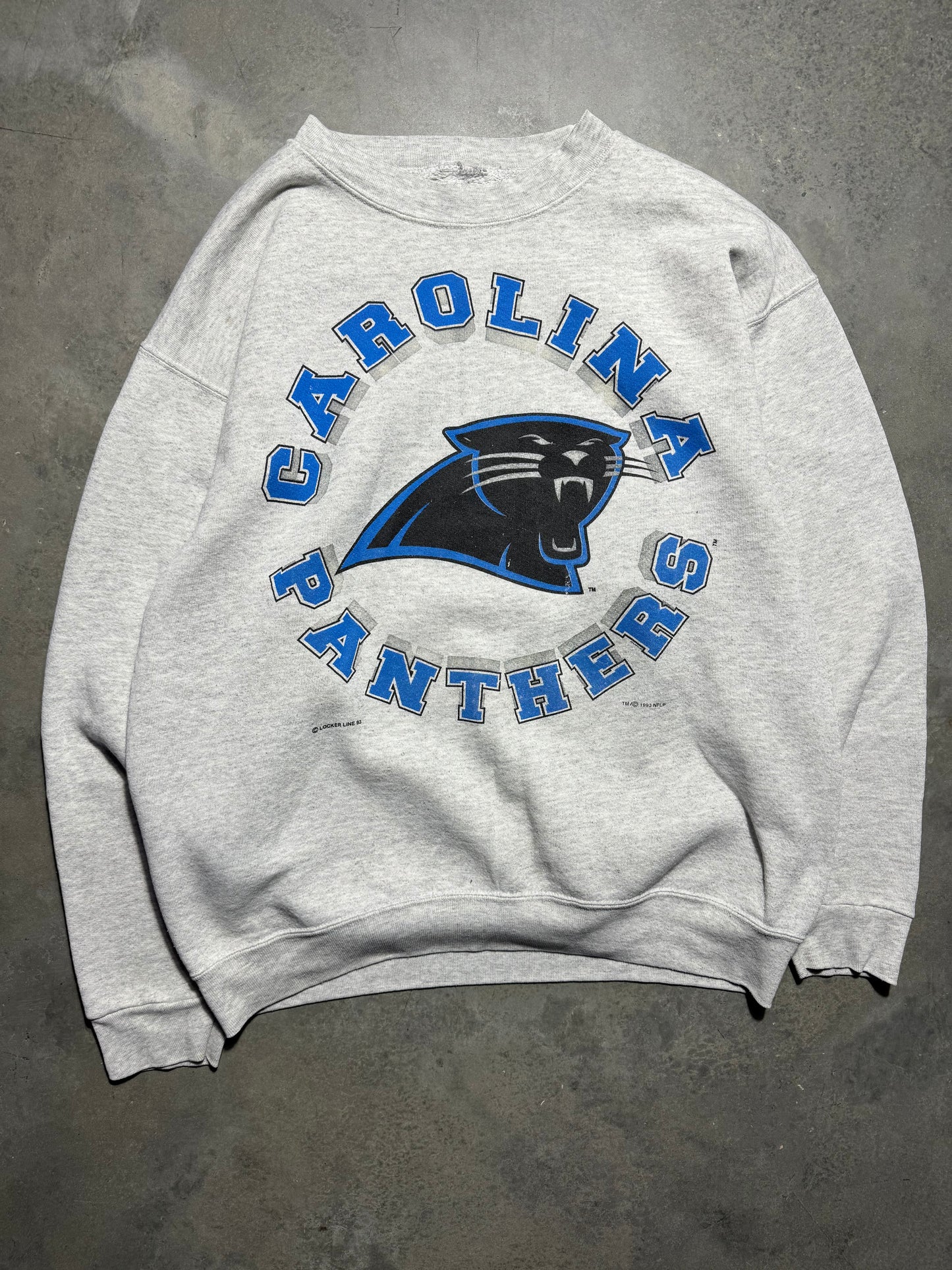 1993 Carolina Panthers Vintage Locker Line Heather Grey Sphere Spellout NFL Crewneck (Large)