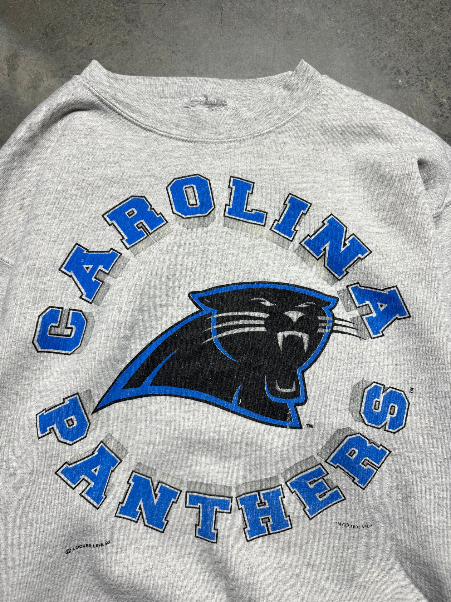 1993 Carolina Panthers Vintage Locker Line Heather Grey Sphere Spellout NFL Crewneck (Large)