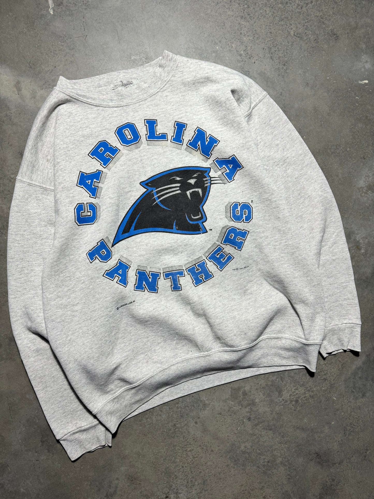 1993 Carolina Panthers Vintage Locker Line Heather Grey Sphere Spellout NFL Crewneck (Large)