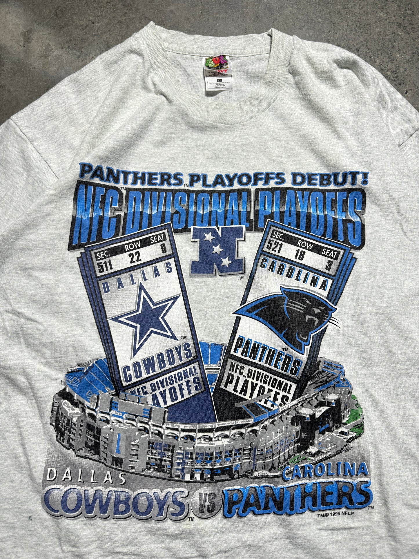 1996 Carolina Panthers vs. Dallas Cowboys Vintage NFC Divisional Playoffs Ericsson Stadium Heather Grey NFL Match Up Tee (XL)