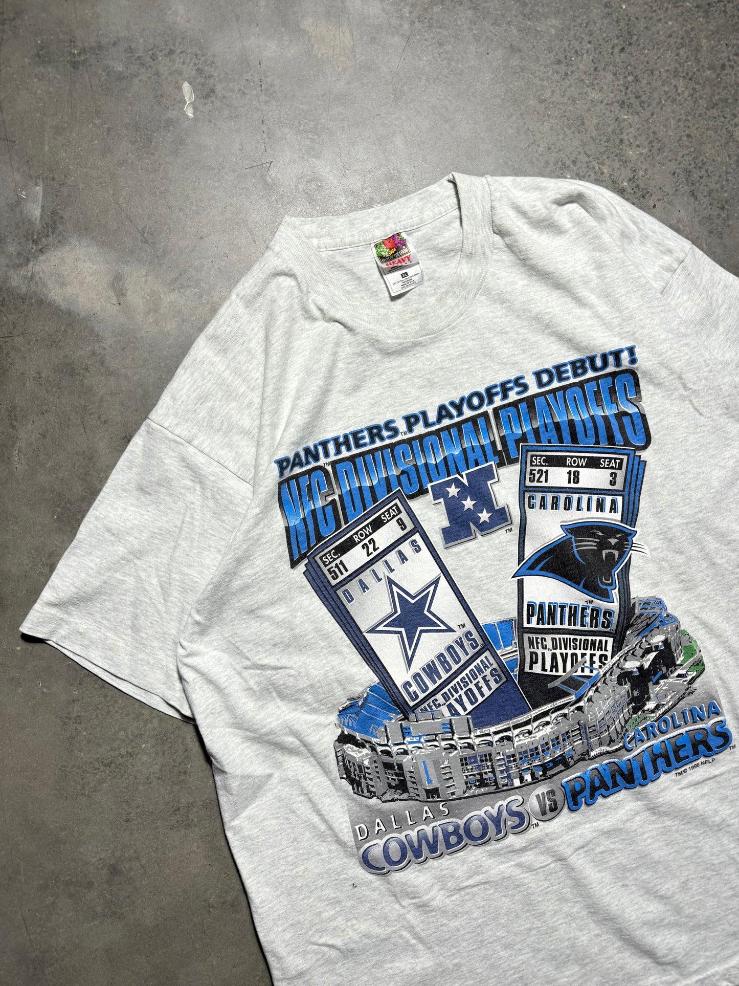 1996 Carolina Panthers vs. Dallas Cowboys Vintage NFC Divisional Playoffs Ericsson Stadium Heather Grey NFL Match Up Tee (XL)