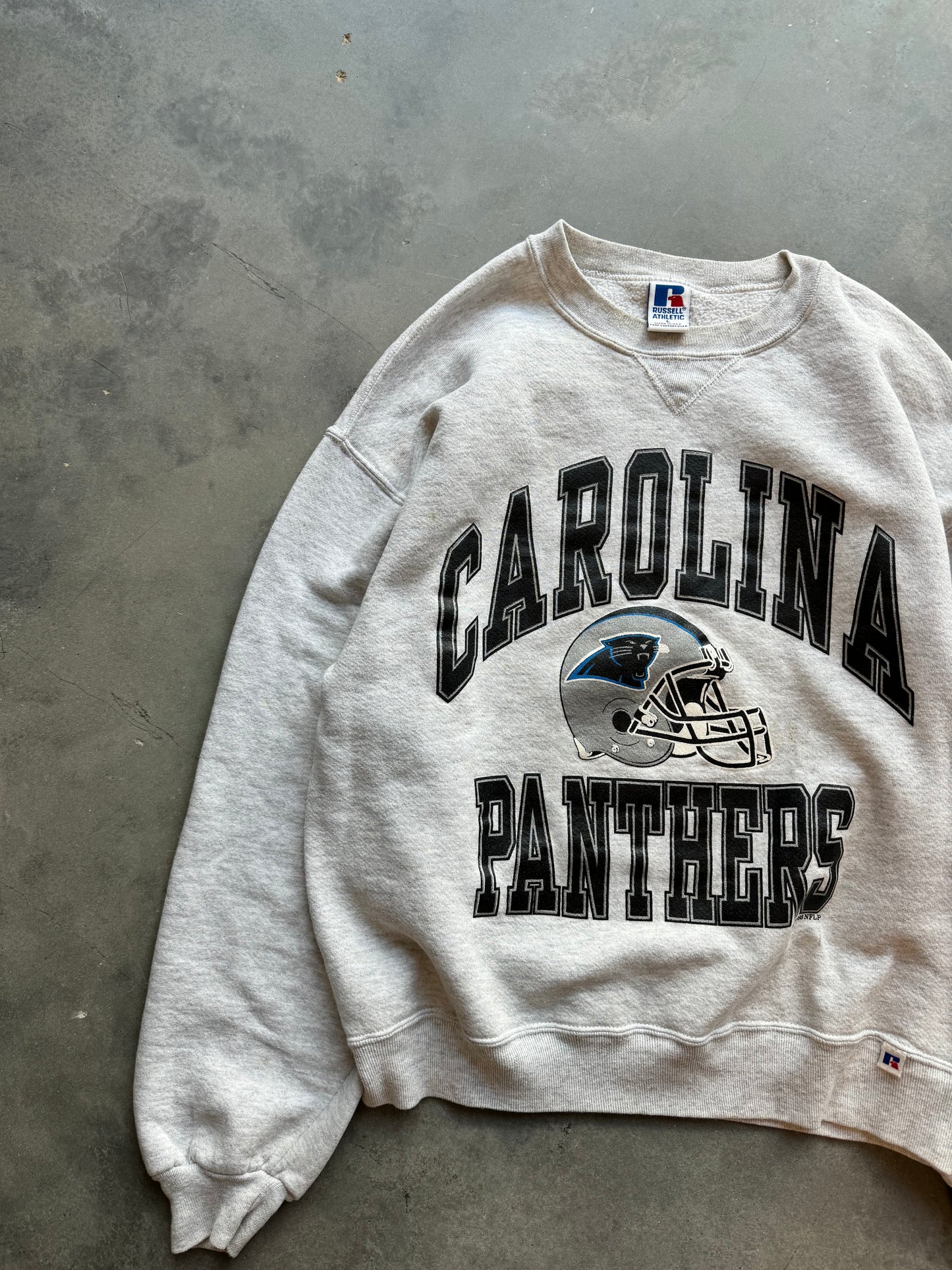 1993 Carolina Panthers Vintage Russell Athletic Heather Grey Block Letter NFL Crewneck (Medium)