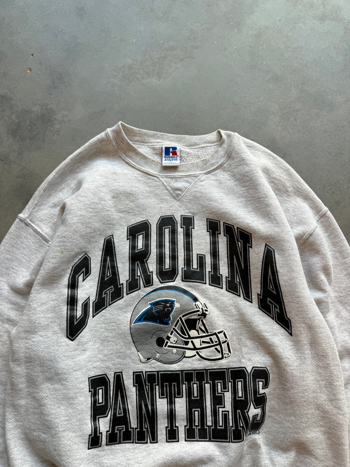 1993 Carolina Panthers Vintage Russell Athletic Heather Grey Block Letter NFL Crewneck (Medium)