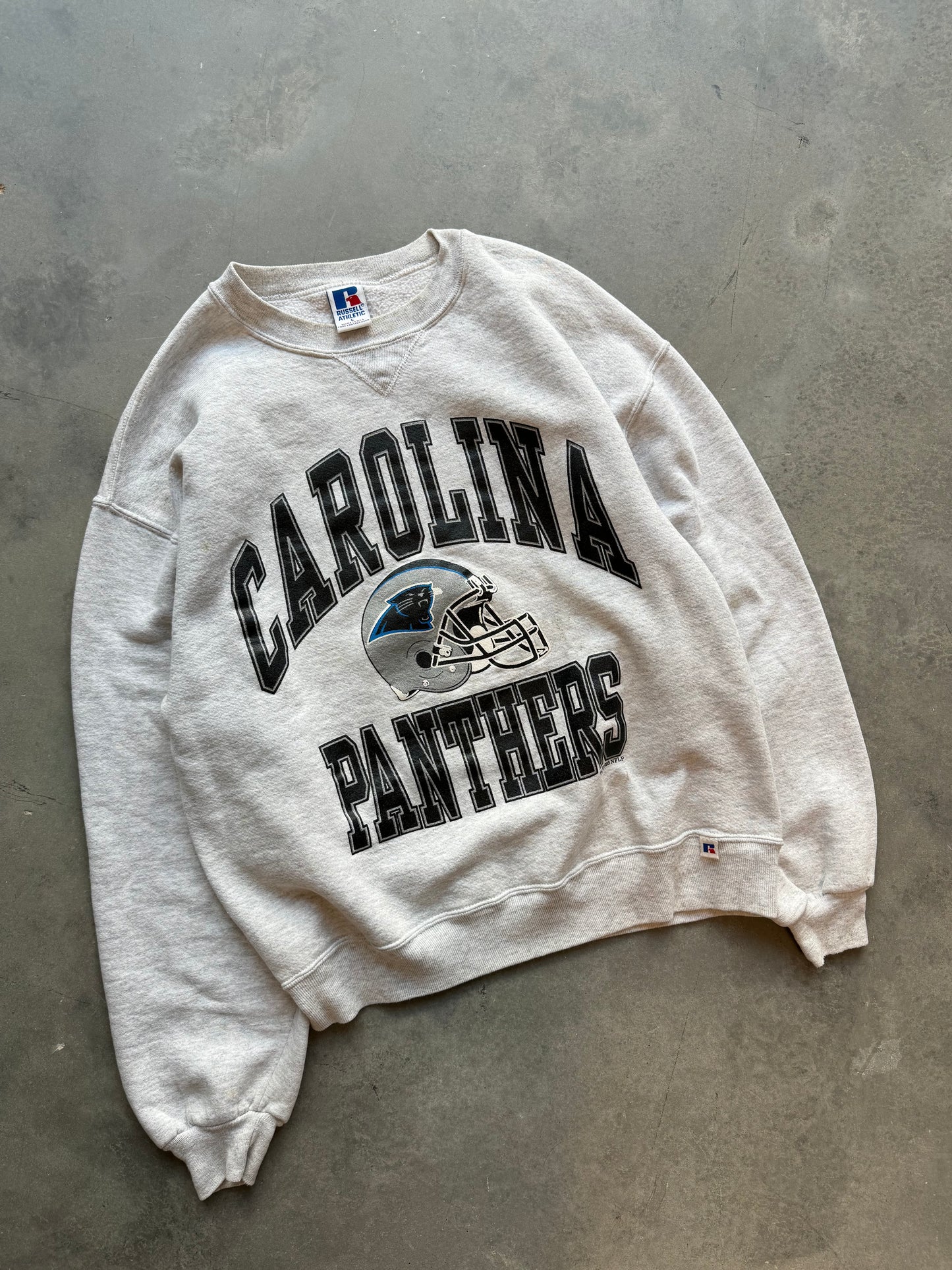 1993 Carolina Panthers Vintage Russell Athletic Heather Grey Block Letter NFL Crewneck (Medium)