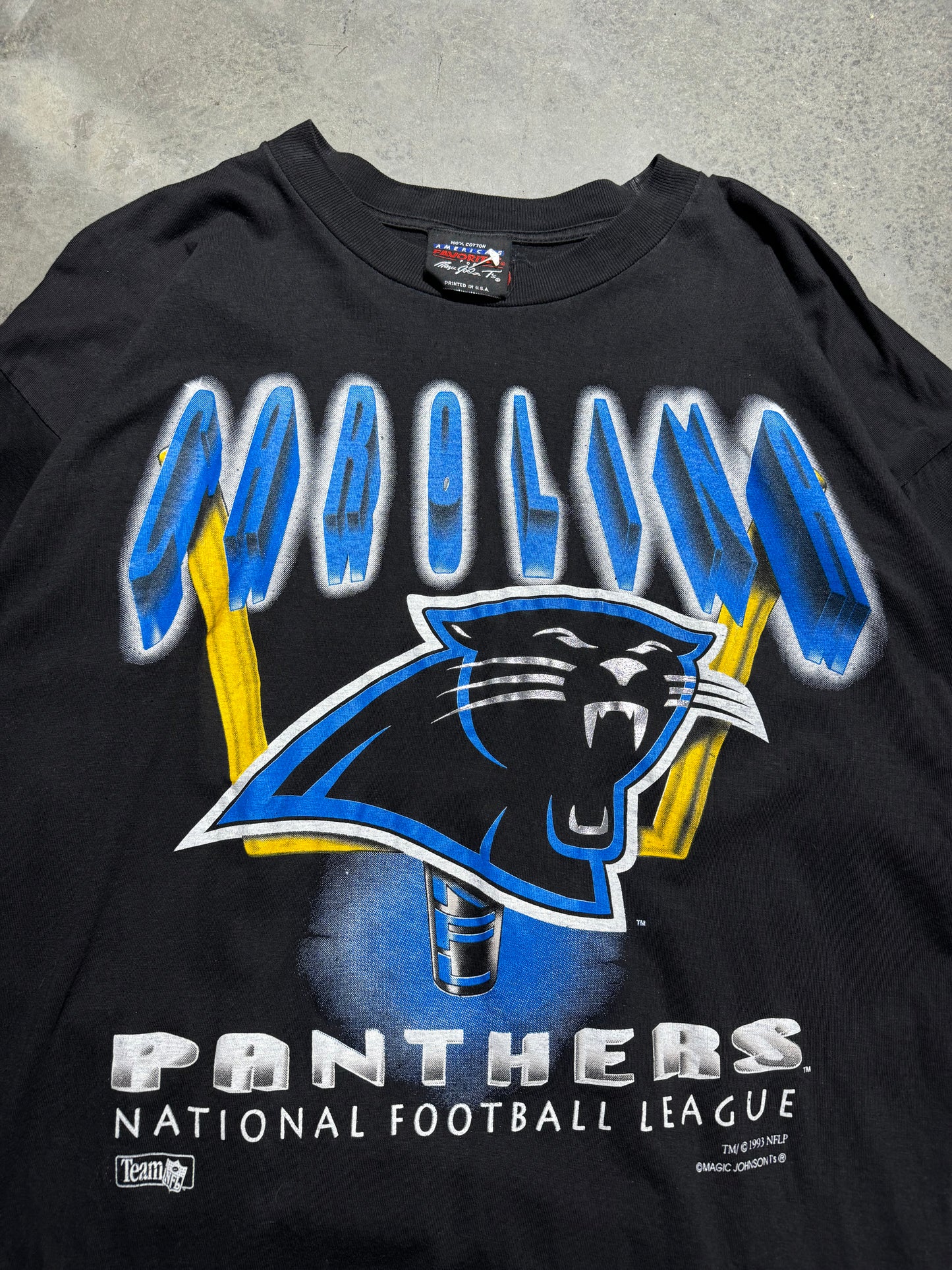 1993 Carolina Panthers Vintage Black Big Logo NFL Tee by Magic Johnson Tees (XL)